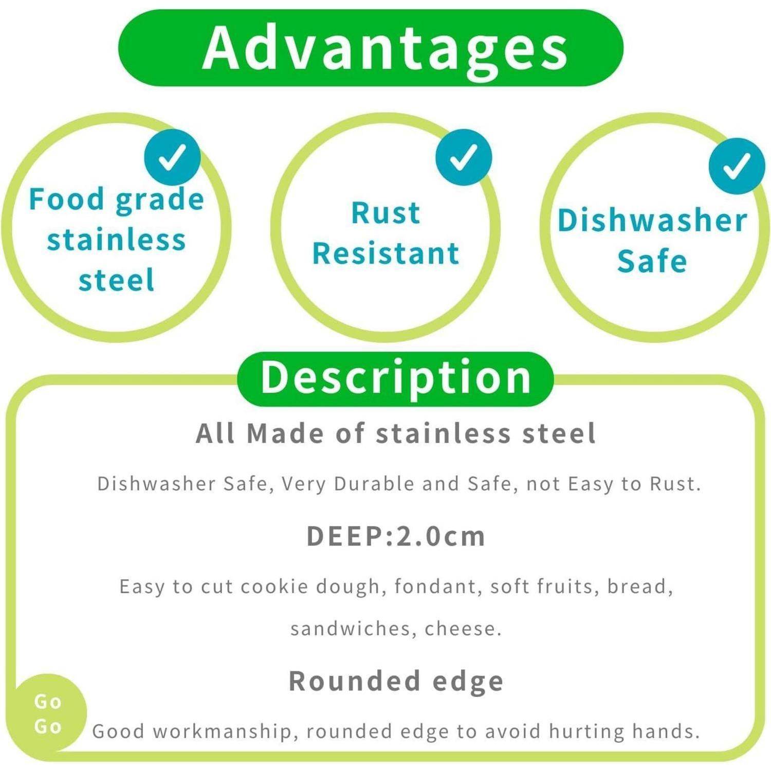 Vorteile' Abschnitt listet: 'Lebensmittelgeeigneter Edelstahl', 'Rostbeständig', 'Spülmaschinenfest'. Beschreibung: 'Komplett aus Edelstahl', 'Tiefe: 2,0 cm', 'Abgerundete Kante'.