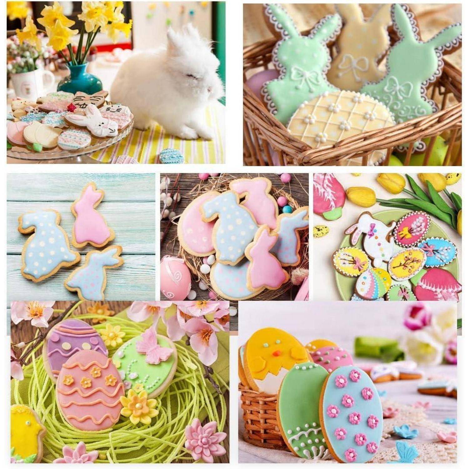 Verschiedenfarbige Osterplätzchen in Pastelltönen in verschiedenen Formen wie Eiern, Hasen und Blumen, kreativ für festliche Dekoration angerichtet.