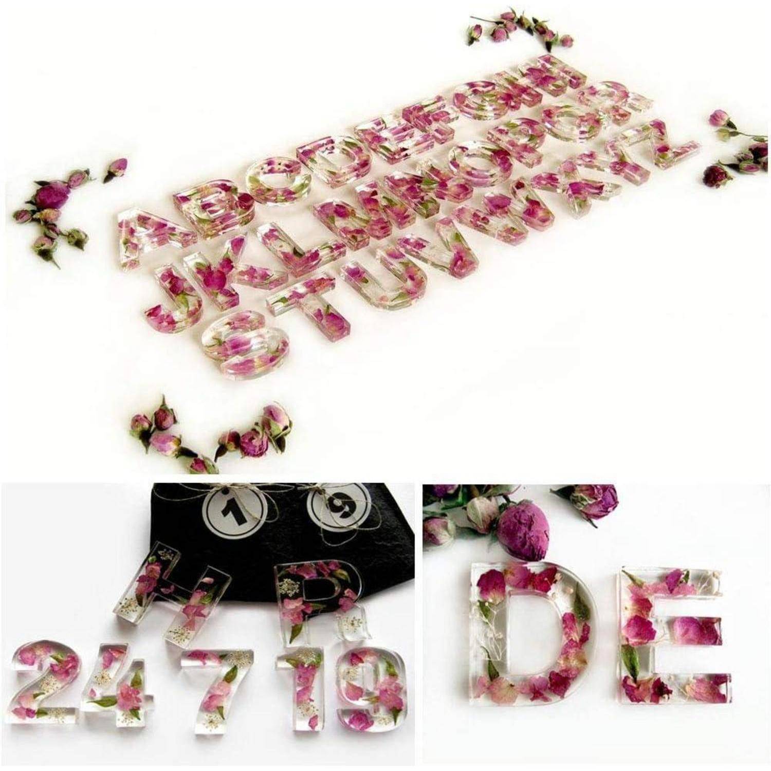 Alphabetbuchstaben und Zahlen aus klarem Harz mit eingebetteten rosa Blumen, die auf einer weißen Oberfläche angeordnet sind und ein dekoratives Design präsentieren.