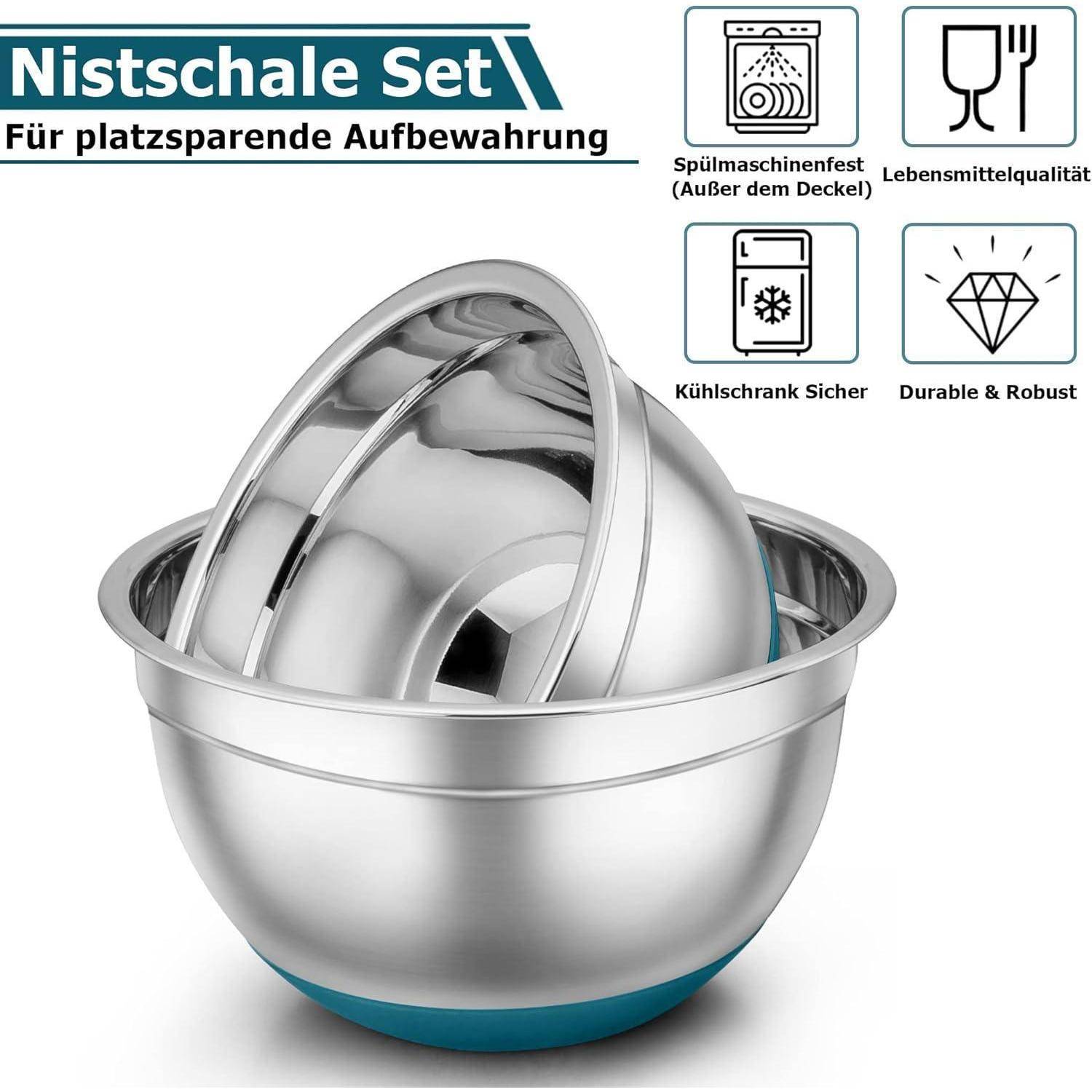 Edelstahl-Schüsselset mit Deckel für platzsparende Aufbewahrung. Eigenschaften: spülmaschinenfest, lebensmittelgeeignet, kühlschranktauglich, langlebig.
