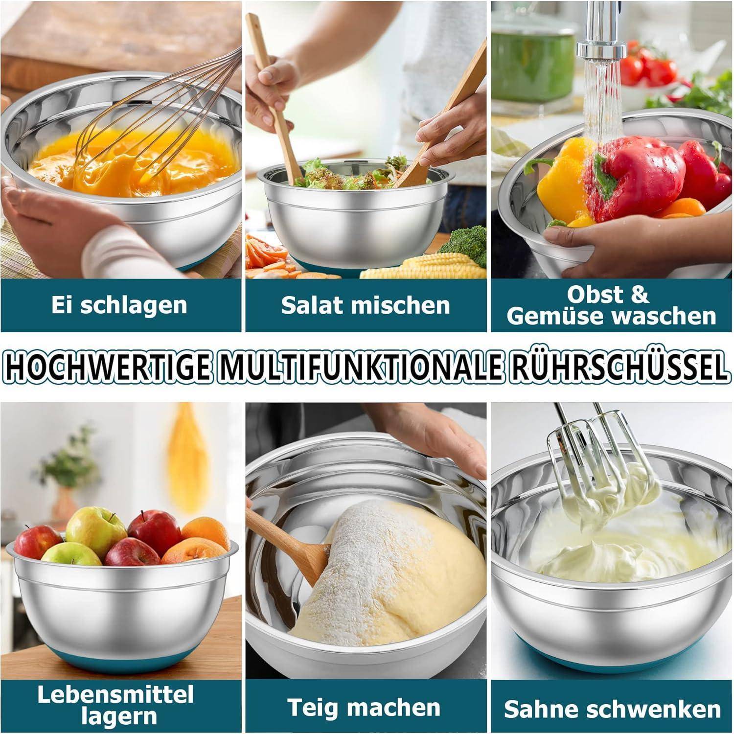 Das Bild zeigt verschiedene Verwendungsmöglichkeiten für eine multifunktionale Rührschüssel: Eier schlagen, Salat mischen, Obst/Gemüse waschen, Lebensmittel aufbewahren, Teig zubereiten und Sahne schlagen.