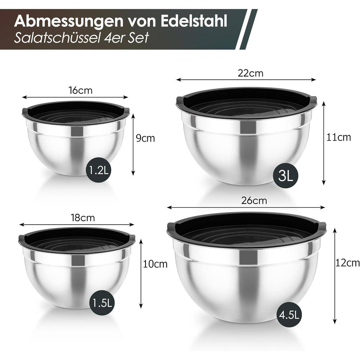 4tlg Edelstahl Rührschüssel Set mit Luftdicht Deckel, Schwarz