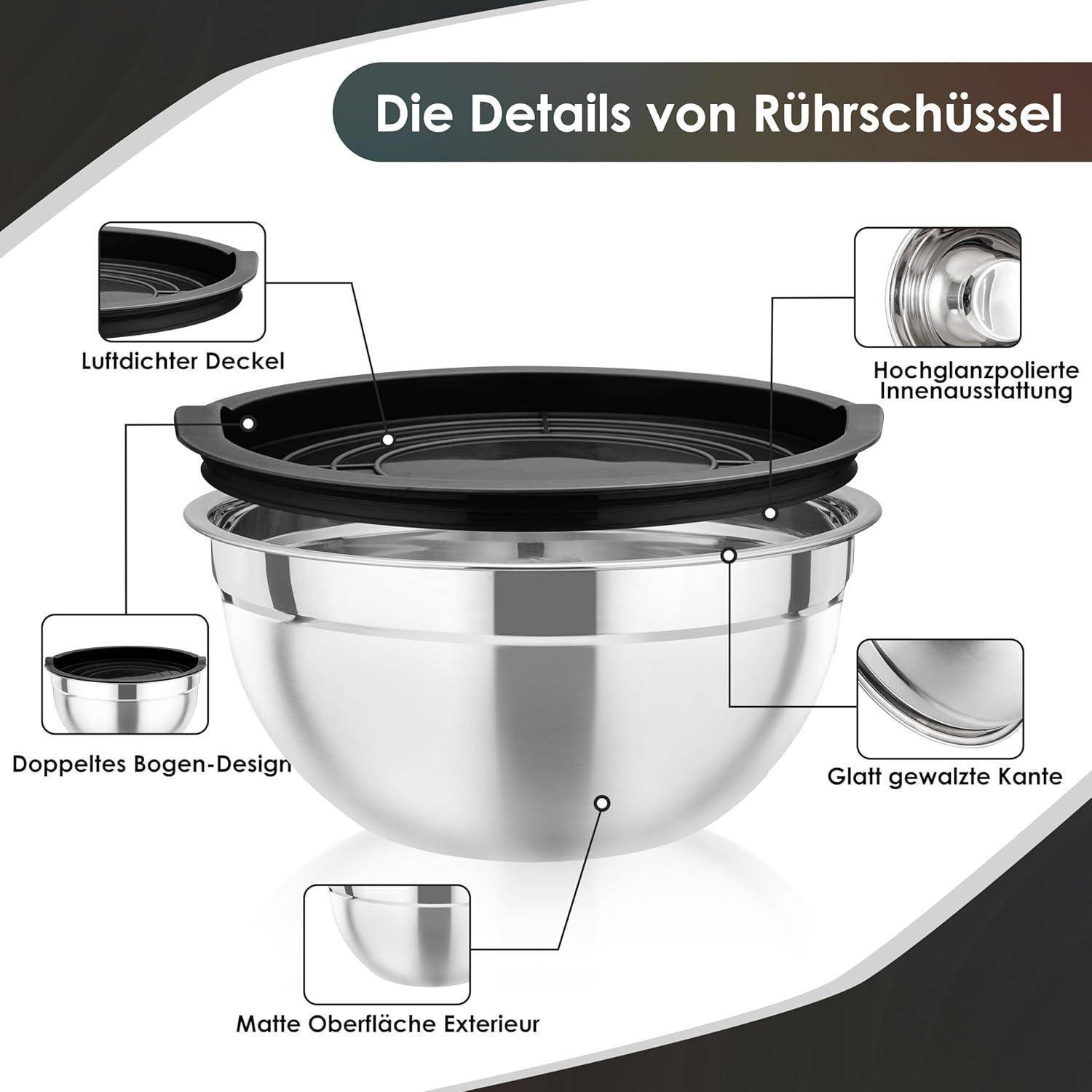 4tlg Edelstahl Rührschüssel Set mit Luftdicht Deckel, Schwarz