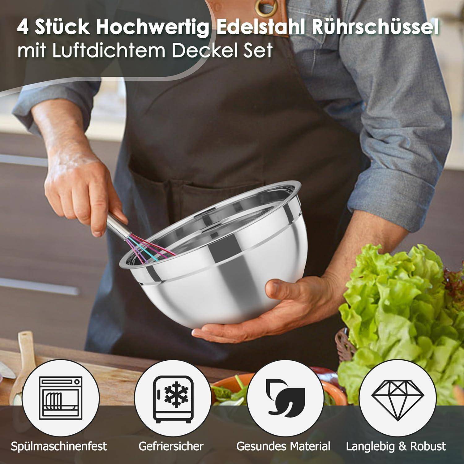4tlg Edelstahl Rührschüssel Set mit Luftdicht Deckel, Schwarz