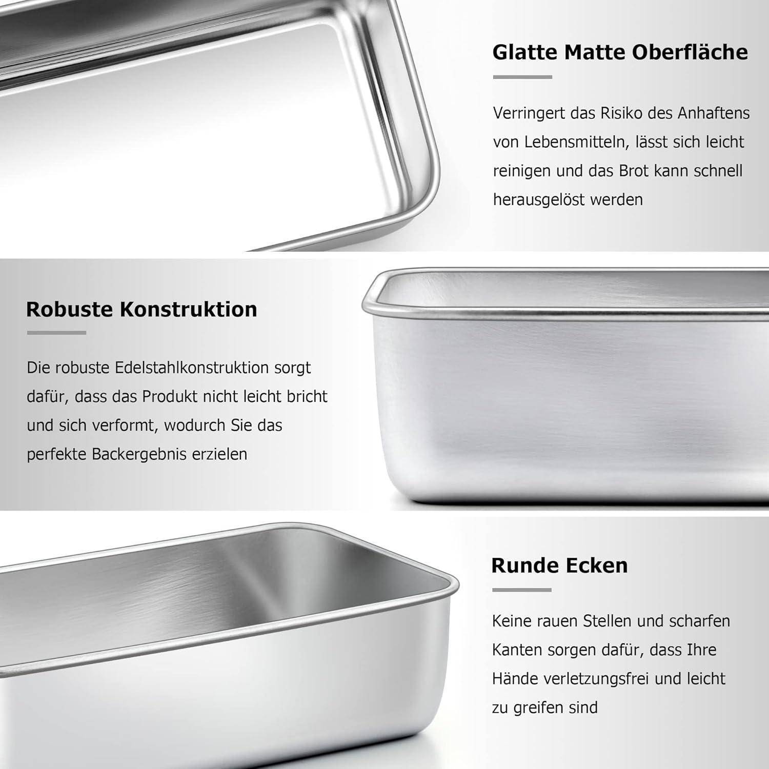 Drei Bilder einer Backform mit Text auf Deutsch: 'Glatte Oberfläche, Robuste Edelstahlkonstruktion, Runde Ecken', die einfache Reinigung, Haltbarkeit und Sicherheit betonen.