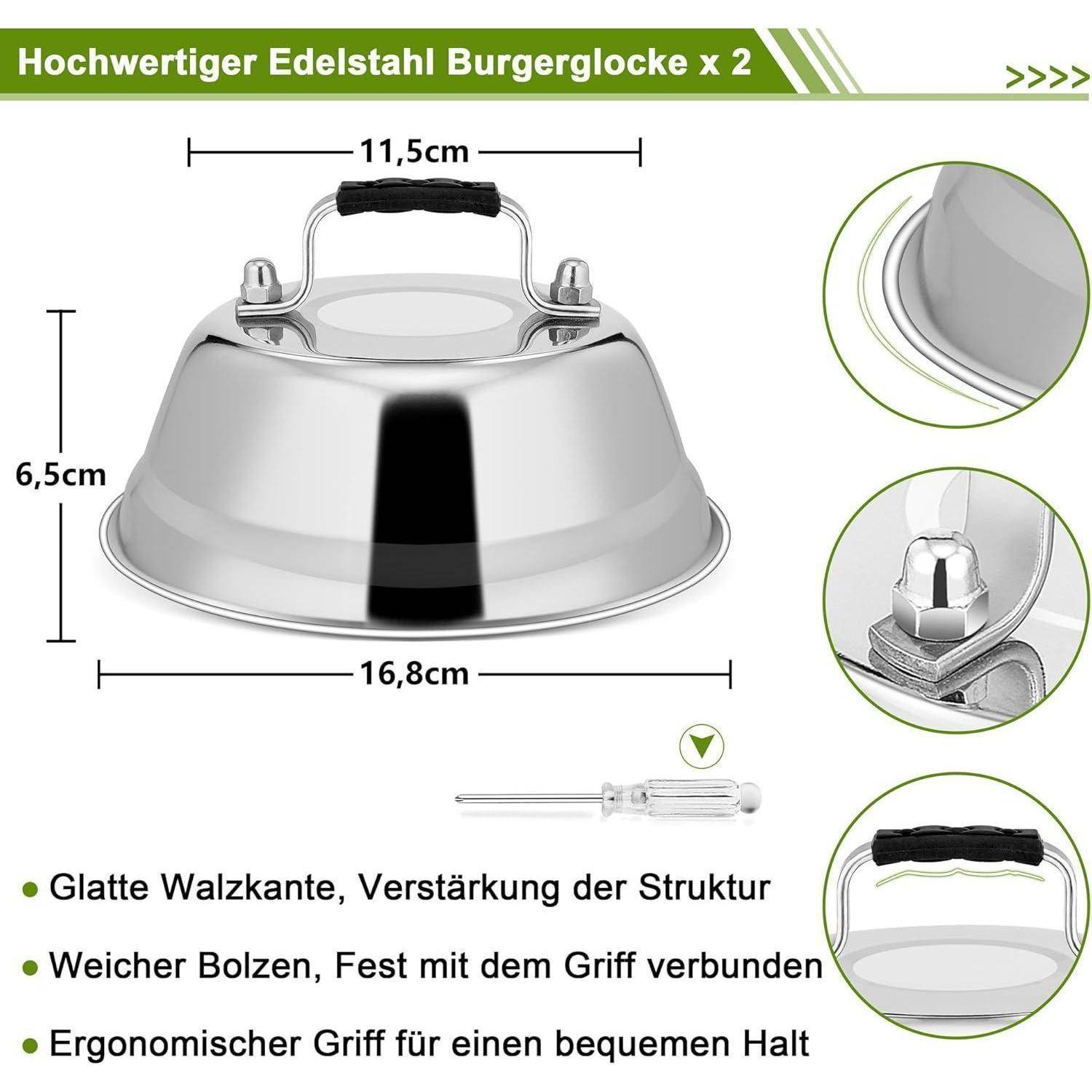 Hochwertige Edelstahl-Burgerdome x 2. Bild zeigt Dome mit Maßen: 11,5 cm Höhe, 16,8 cm Durchmesser. Mit glatter Kante, weichem Bolzen, ergonomischem Griff.