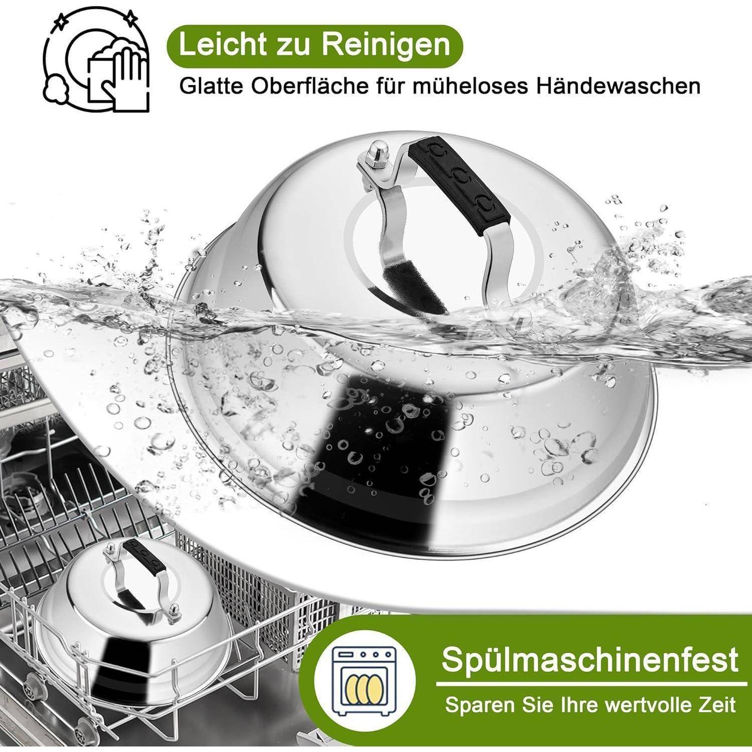 Leicht zum Reinigen. Glatte Oberfläche für müheloses Handwaschen. Spülmaschinenfest. Sparen Sie Ihre wertvolle Zeit.' Das Bild zeigt Topfdeckel mit Wasserfluss und veranschaulicht die Leichtigkeit des Reinigens.