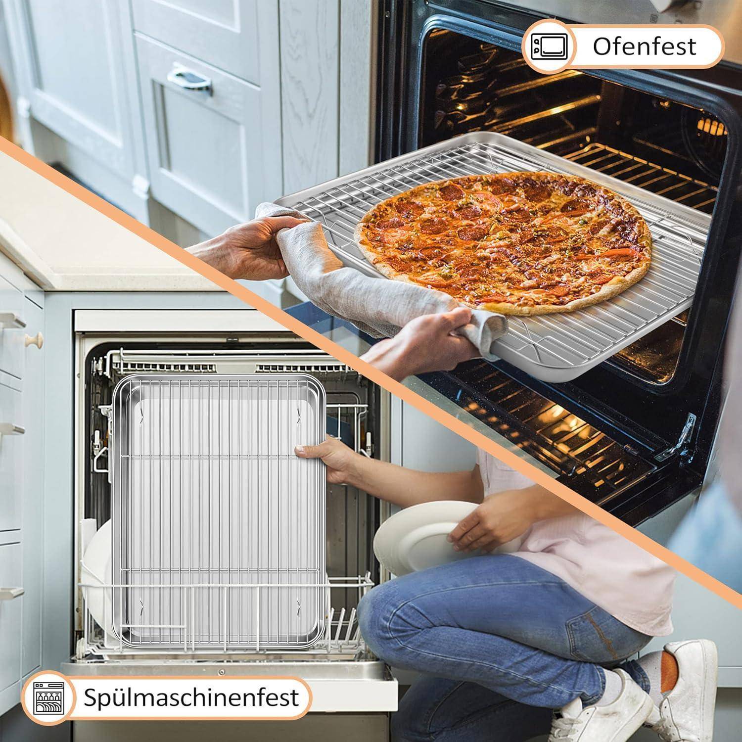 Oberes Bild zeigt eine Pizza, die in einen Ofen geschoben wird. Unteres Bild zeigt eine Person, die ein Tablett in die Spülmaschine stellt.