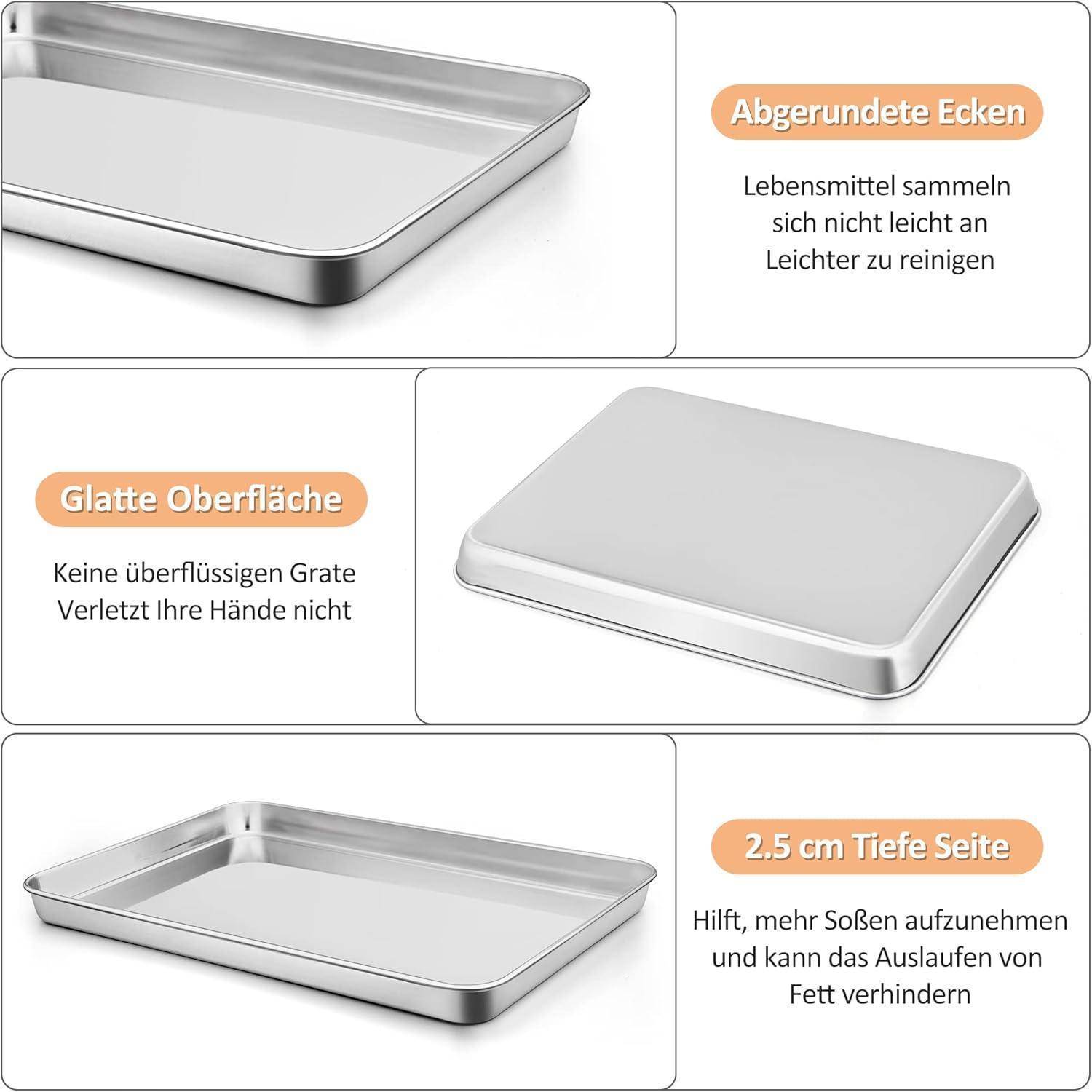 Das Bild zeigt drei rechteckige Metallbackbleche mit Beschreibungen: 'Keine überflüssigen Grate', 'Leicht zu reinigen' und '2,5 cm Tiefe Seite'.