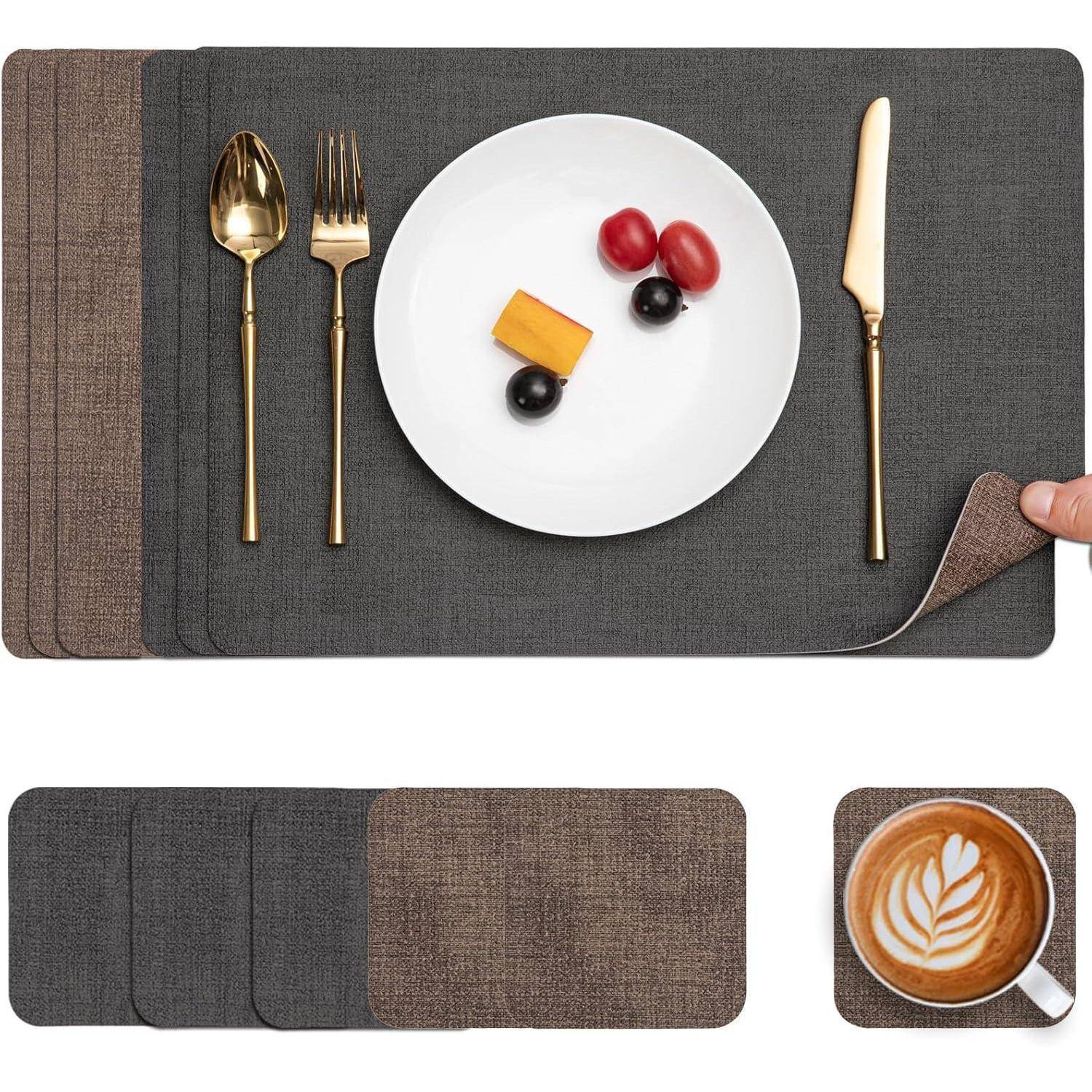 Tischsets Abwaschbar Kunstleder Rutschfest Grau Braun 6er Set