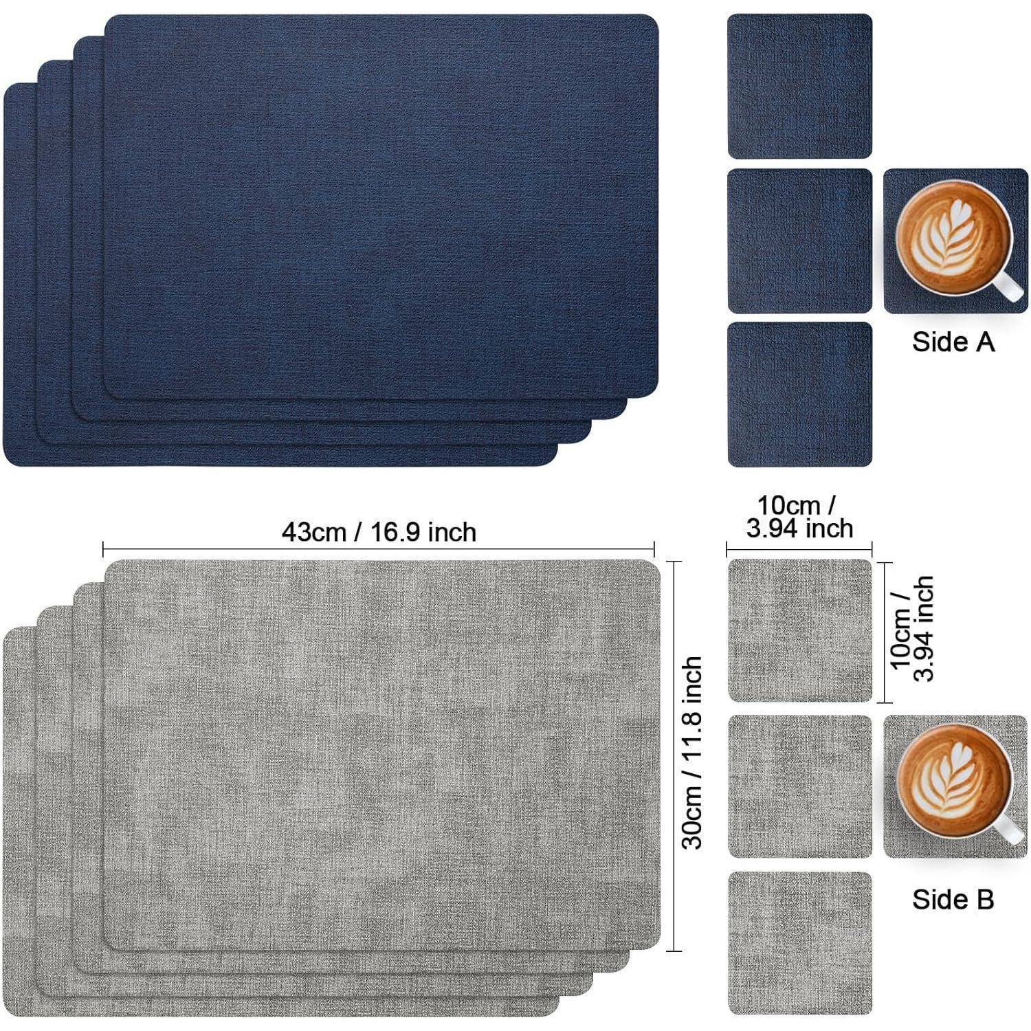 Vier graue und vier marineblau-farbene rechteckige Tischsets mit Untersetzer-Sets werden gezeigt, die Maßangaben für Tischsets und Untersetzer aufweisen.
