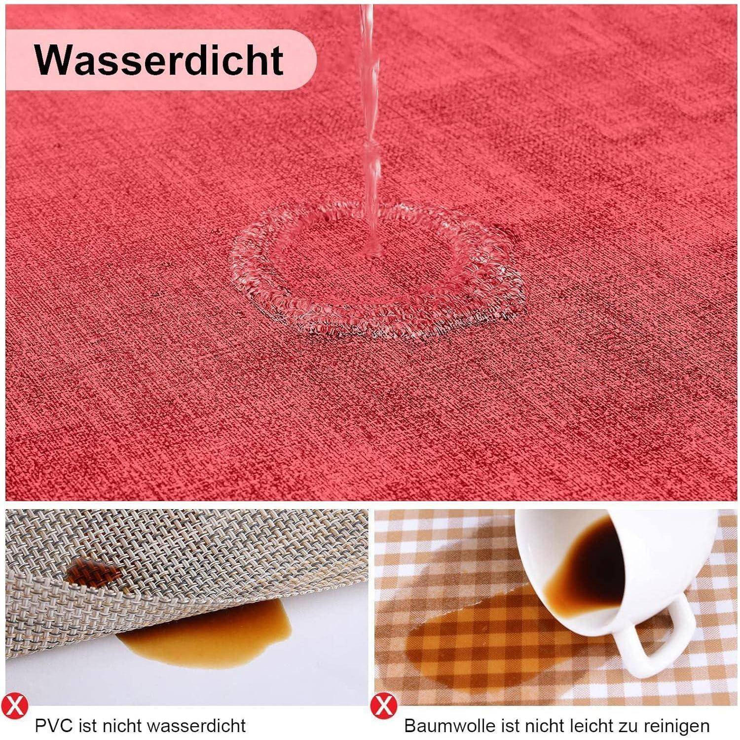 Wasserdichter Stoff, auf den Flüssigkeit gegossen wird und der Widerstandsfähigkeit demonstriert. Untere Bilder zeigen Flüssigkeiten auf PVC und Baumwolle, die durchsickern, gekennzeichnet mit einem roten X.