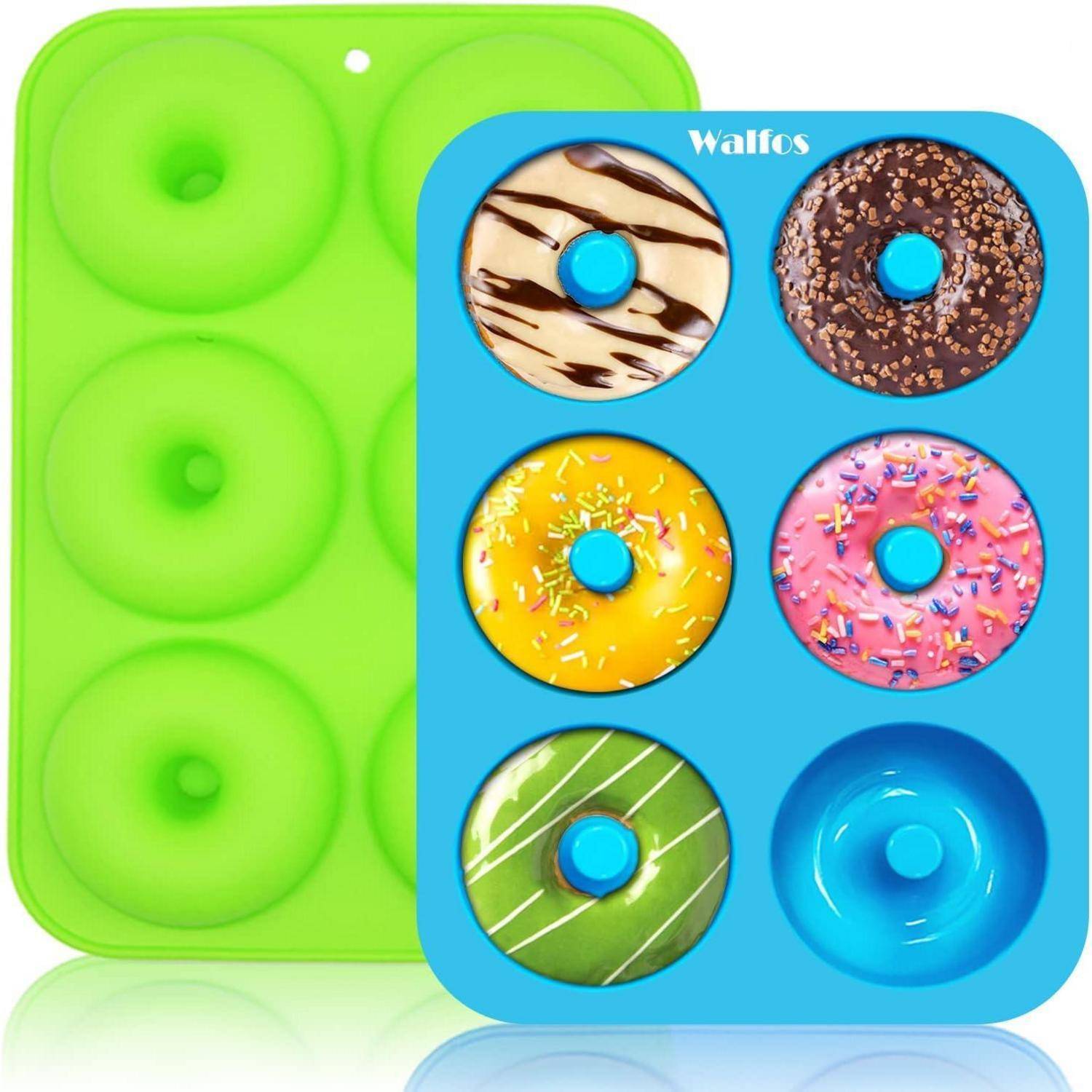 Silikonform für Donuts mit sechs Vertiefungen. Eine Form ist grün, die andere blau, dargestellt mit Donut-Designs wie Schokolade, Streuseln und Glasur.