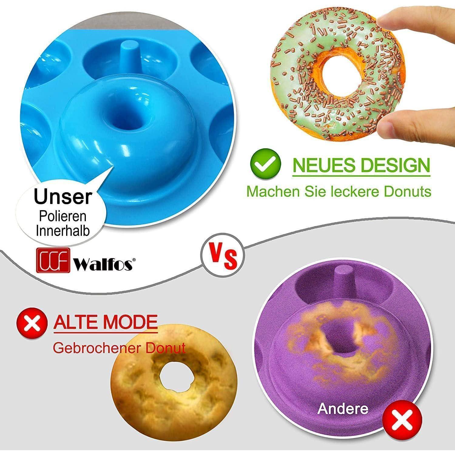 Ein Vergleich von Donut-Formen: Das neue Design verfügt über eine polierte Innenseite für attraktive Donuts, während das alte und ein anderes Design gebrochene Ergebnisse zeigen.