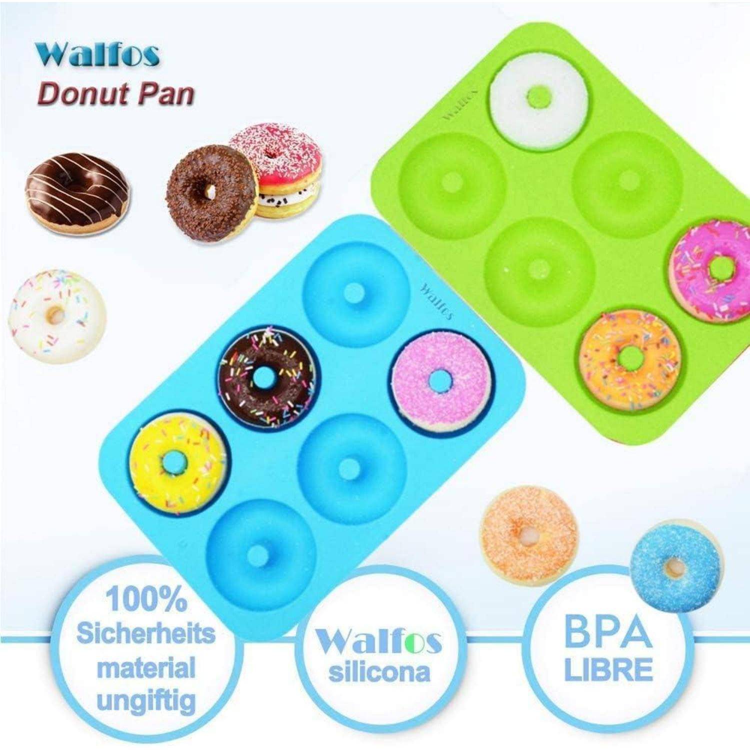 Zwei farbenfrohe Silikondonutformen mit verschiedenen Donuts. Texthervorhebungen zeigen Merkmale: 'Walfos Silikon', '100% sicher', 'BPA-frei'.