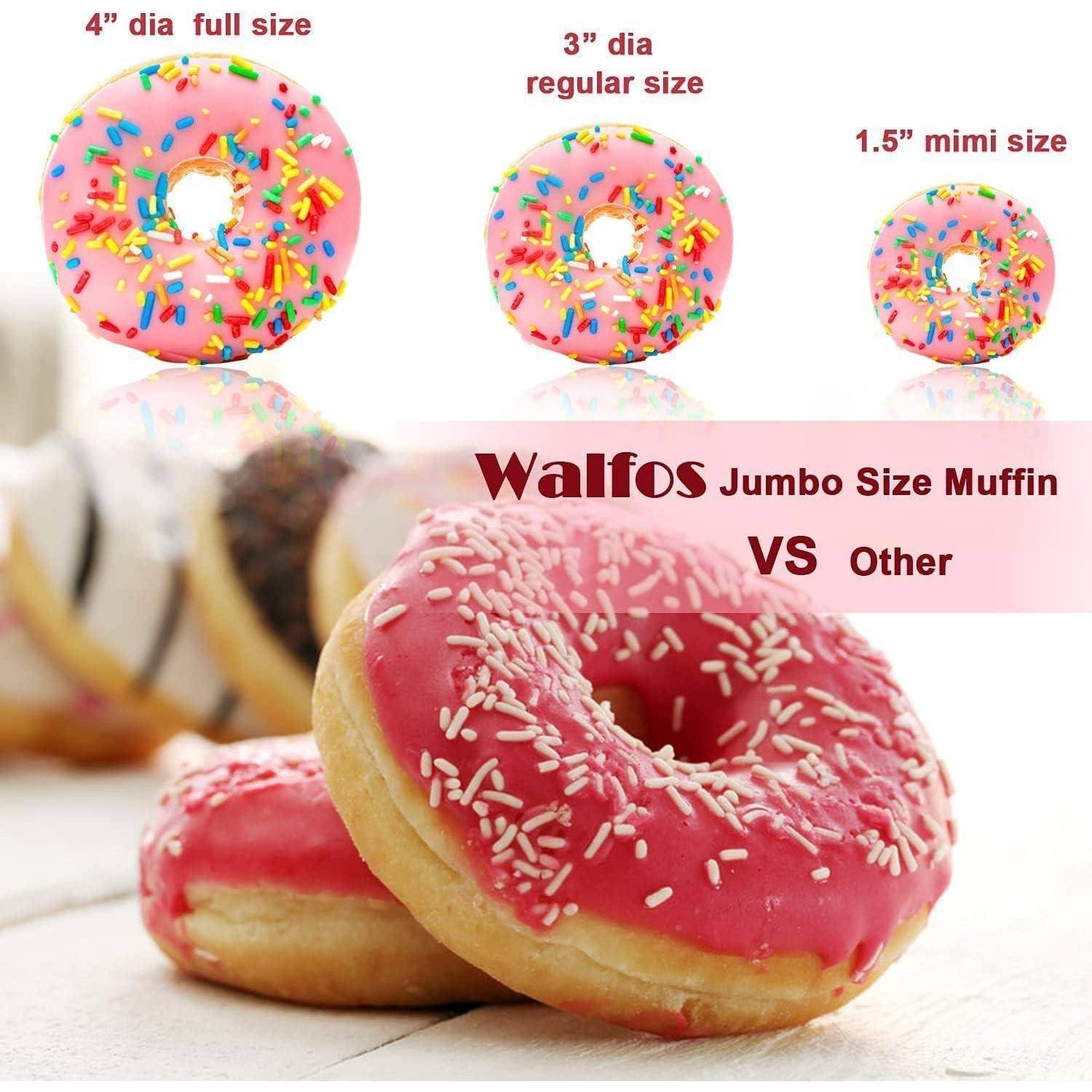 Drei Donuts mit rosa Zuckerguss und Streuseln werden in voller Größe, regulärer Größe und Mini-Größe gezeigt. Text lautet: 'Walfos Jumbo-Muffin VS Andere'.