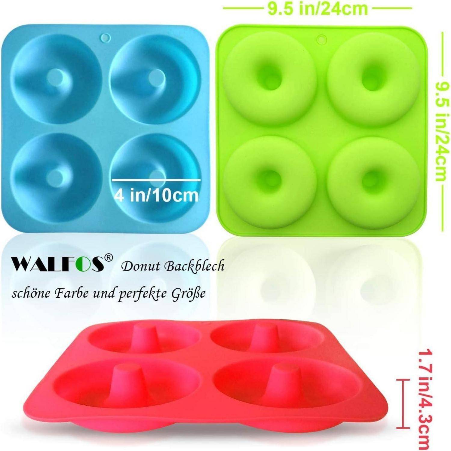 Grüne und rote Silikonformen für Donuts, jede mit vier Vertiefungen. Die Formen sind 9,5 Zoll quadratisch und 1,7 Zoll tief.