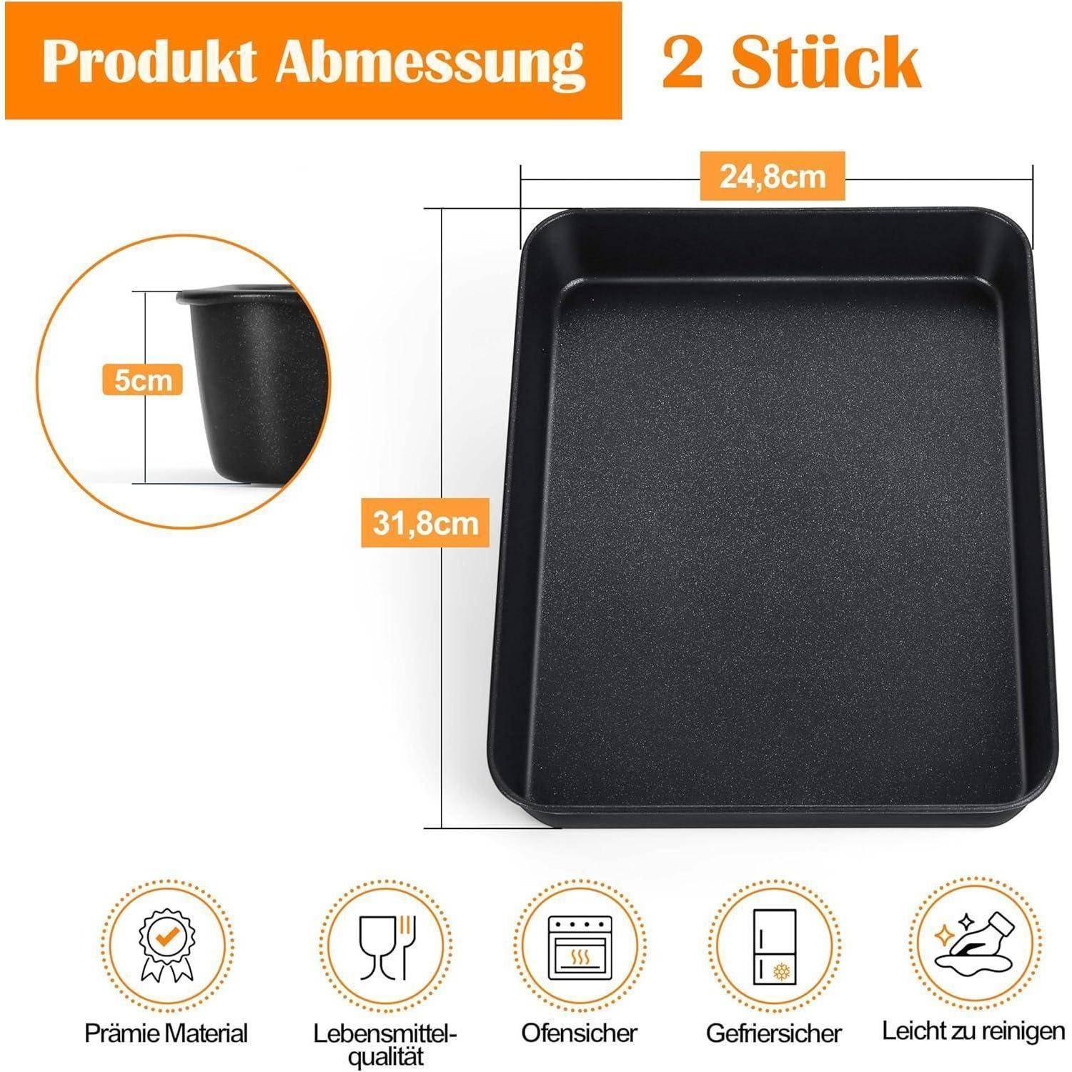 Produktabmessung': Rechteckige Backform, 24,8 cm x 31,8 cm, 5 cm tief. Wird als 2er-Set verkauft. Eigenschaften: hochwertige Materialien, lebensmittelecht, backofen- und gefriergeeignet, einfach zu reinigen.