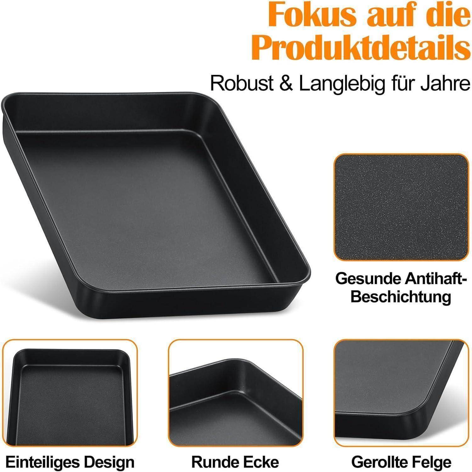 Rechteckige Backform mit Antihaftbeschichtung in Schwarz, mit Eigenschaften wie 'Gesunde Antihaftbeschichtung', 'Einteilige Konstruktion', 'Abgerundete Ecken', 'Umgerollte Ränder'.