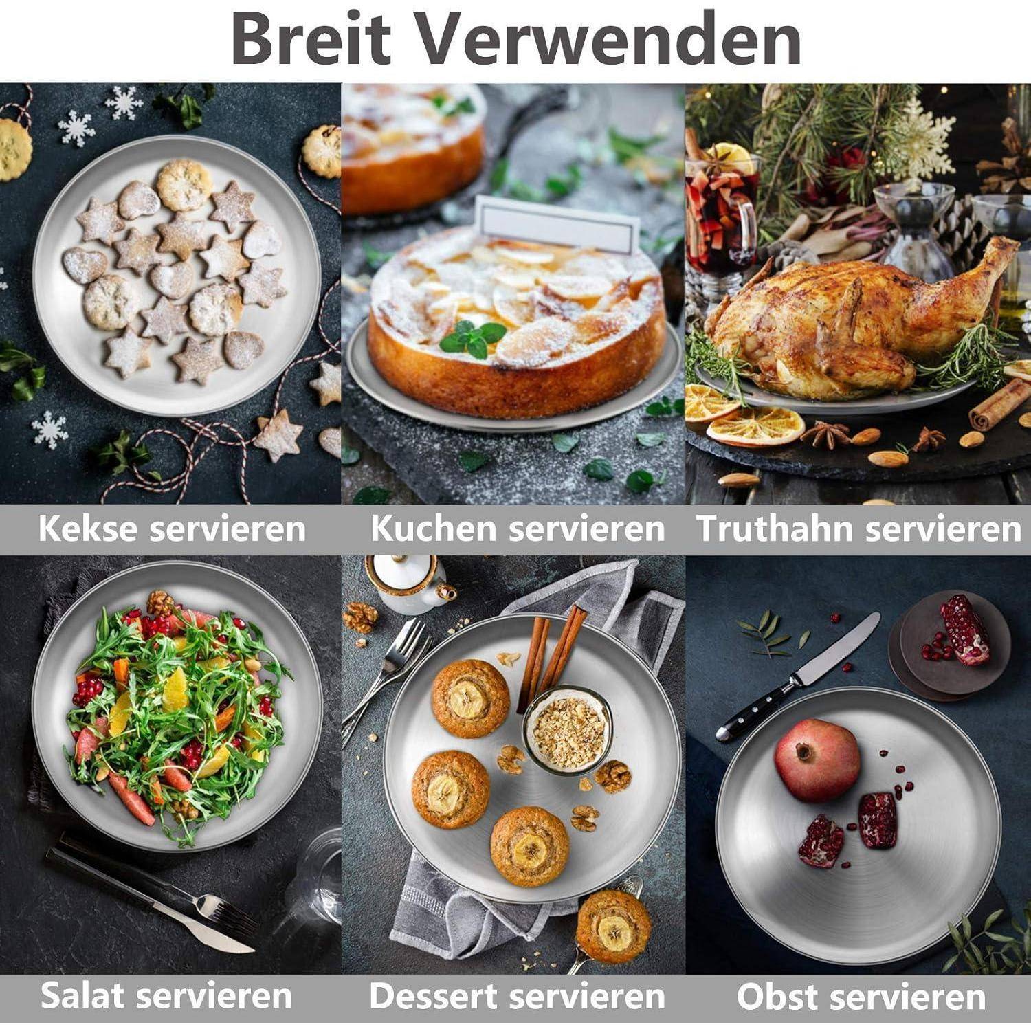 Bild zeigt verschiedene Gerichte: Kekse, Kuchen, gebratene Pute, Salat, Desserts und Obst, jeweils auf einer Servierplatte. Text lautet 