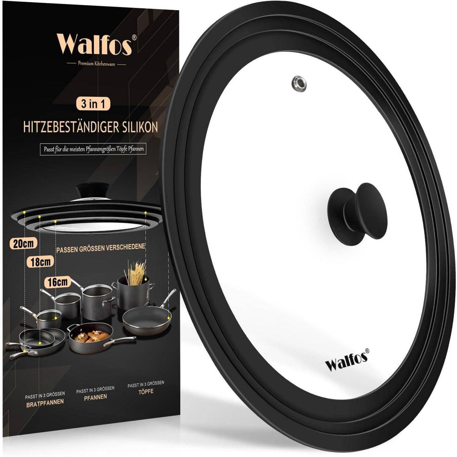 Ein vielseitiger Deckel von Walfos, passend für 16 cm, 18 cm und 20 cm Pfannen. Er ist hitzebeständig mit einem schwarzen Silikonrand und einer durchsichtigen Glasoberseite.