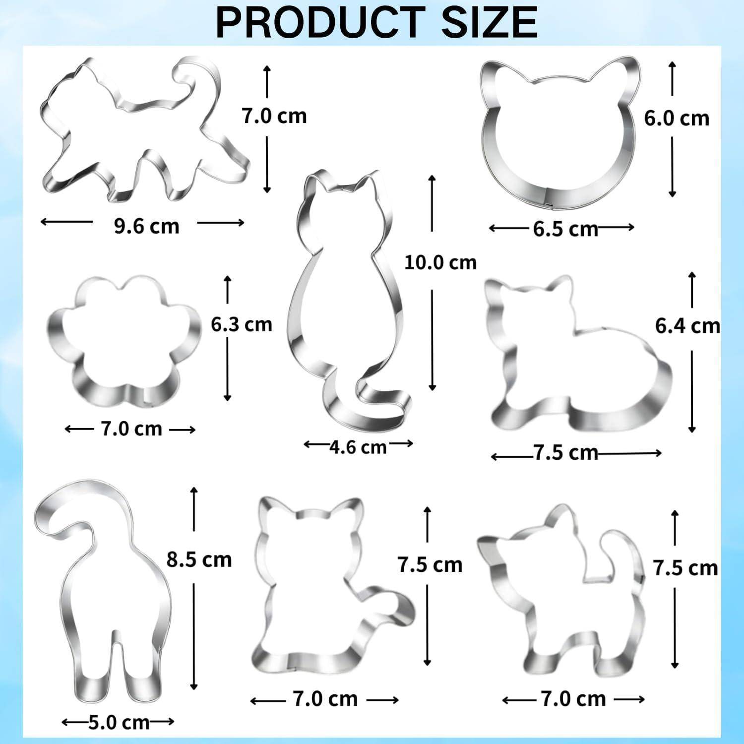 Produktgröße' Bild, das neun tierförmige Ausstechformen zeigt, deren Abmessungen von 4,6 cm bis 9,6 cm reichen, wobei jede mit Maßangaben beschriftet ist.