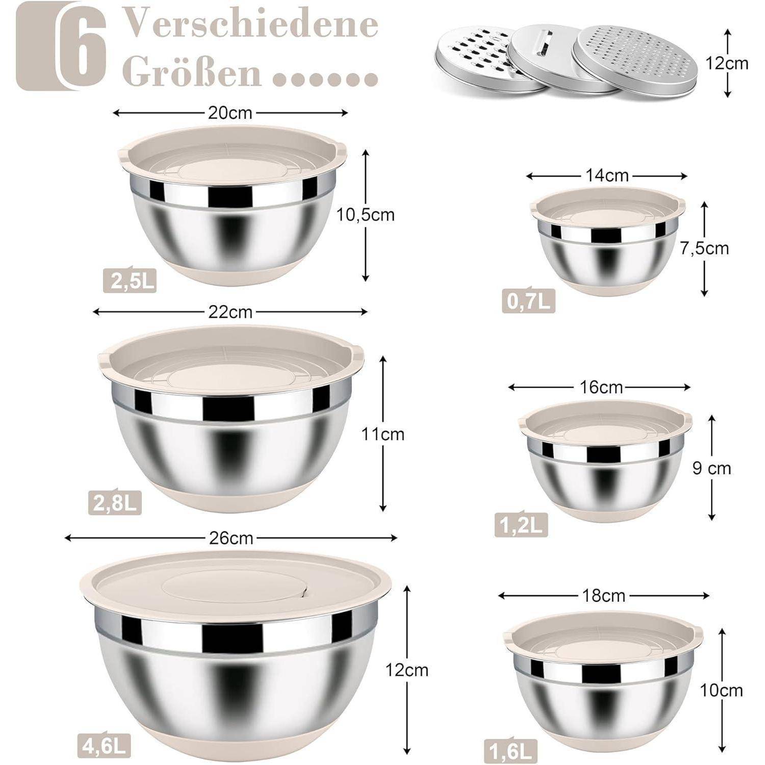 Das Bild '6 Verschiedene Größen' zeigt sechs Edelstahlschüsseln mit Fassungsvermögen von 0,7 L bis 4,6 L, jeweils mit Angaben zu Durchmesser und Höhe.