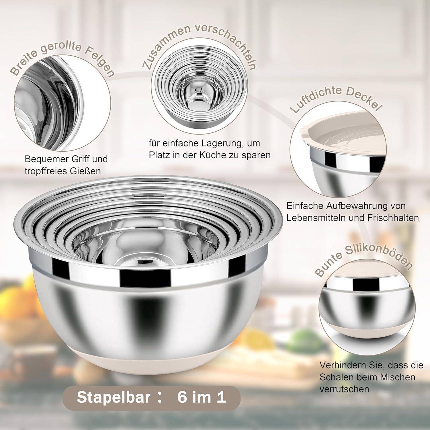 Sechsteiliges Set aus stapelbaren Edelstahl-Rührschüsseln mit umgerolltem Rand und Silikonboden für sicheren Stand. Inklusive luftdichter Deckel.