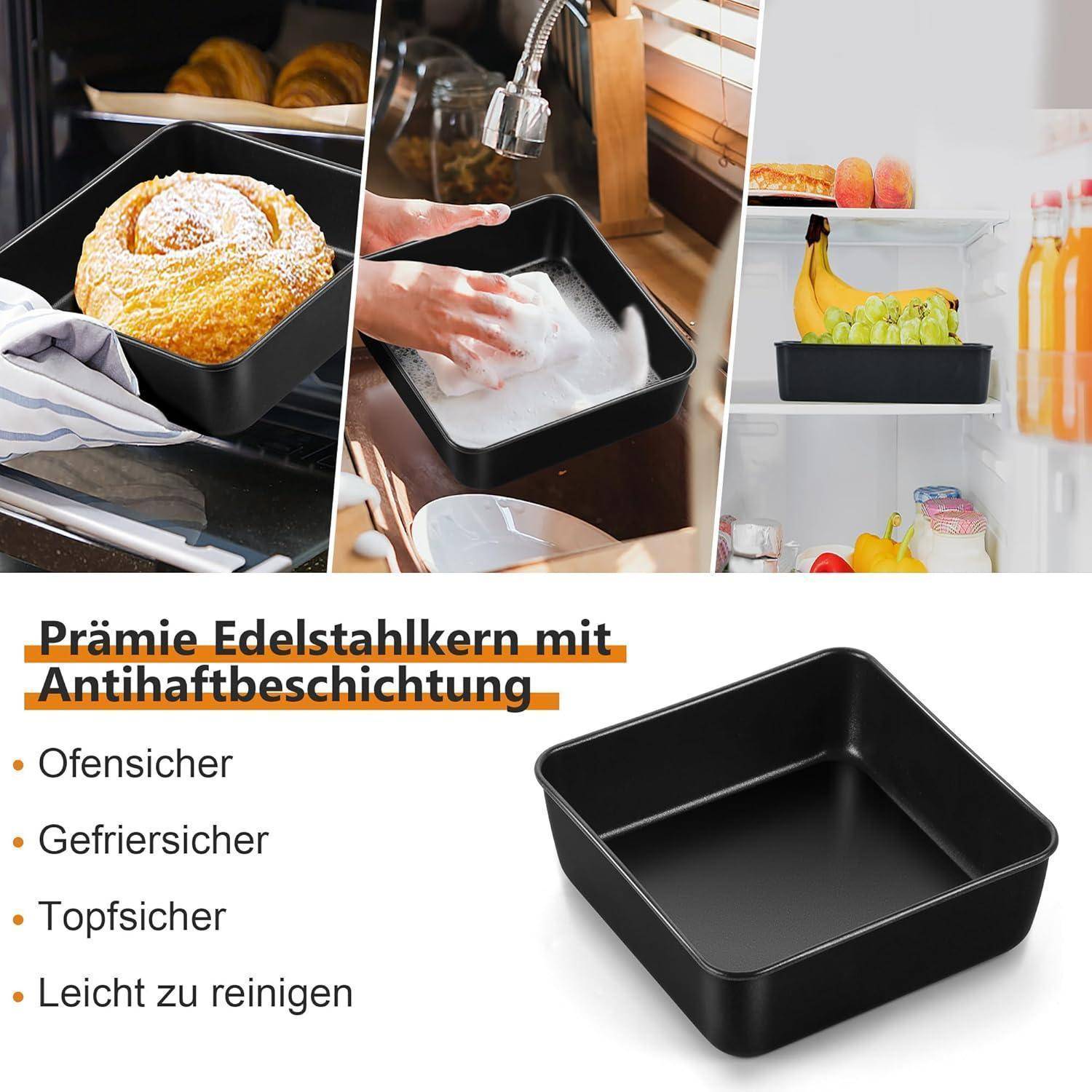 Drei Bilder einer Backform: eines mit Brot, eines beim Abwaschen und eines im Kühlschrank. Text: 'Premium-Edelstahlkern mit Antihaftbeschichtung'.