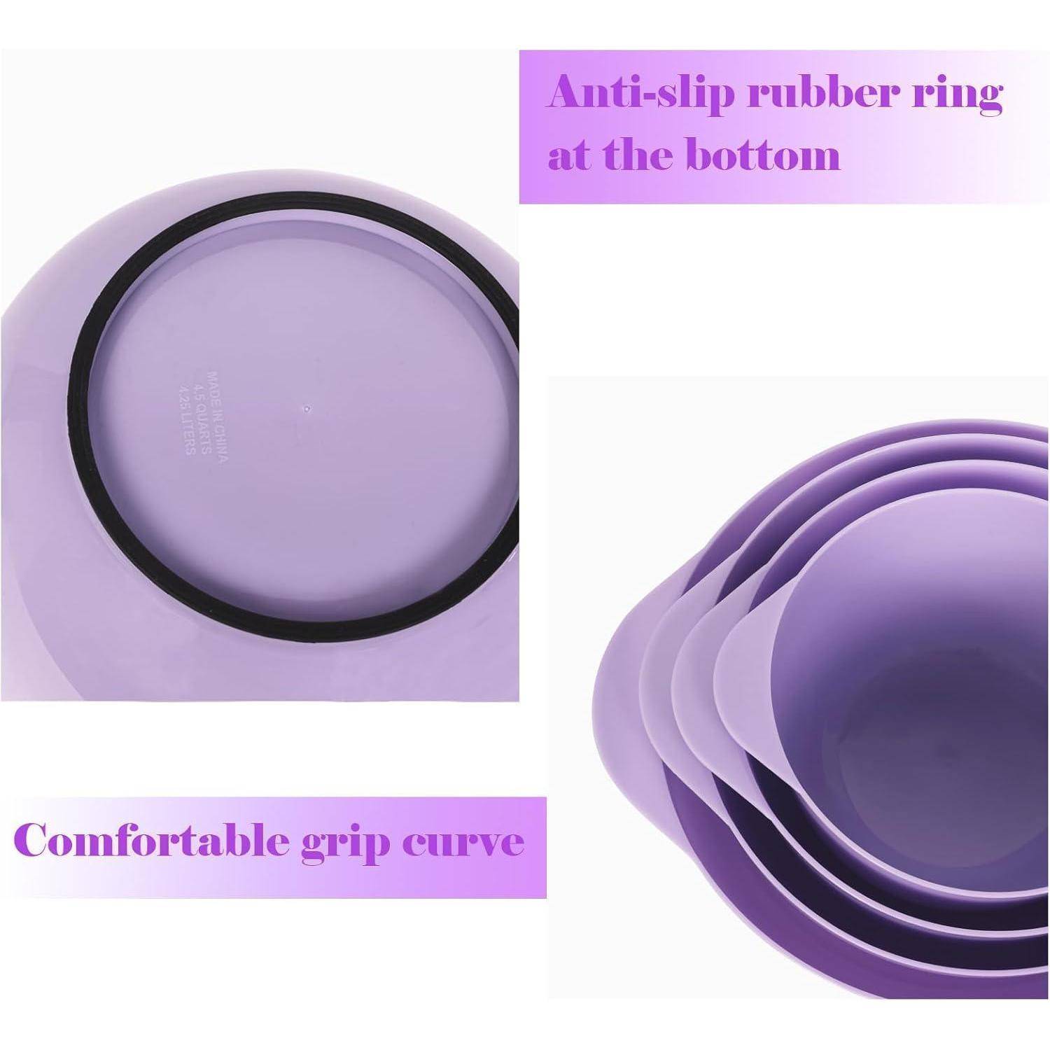 Lila Schüsseln mit 'Rutschfestem Gummiring am Boden' und 'Ergonomischer Griffkurve