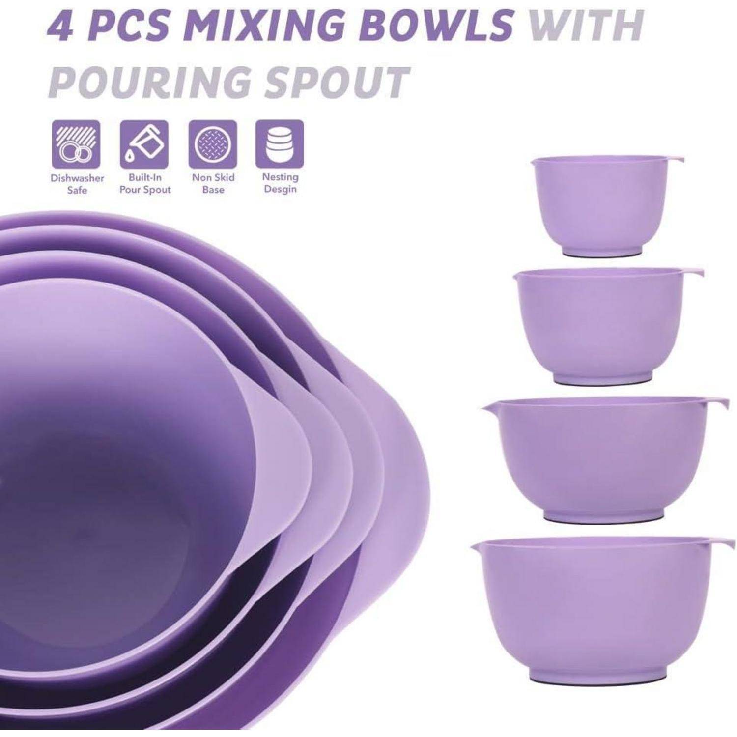 Vierer-Set lila Rührschüsseln mit Ausguss. Merkmale umfassen spülmaschinenfeste Ausführung, integrierten Ausguss, rutschfeste Bodenoberfläche und verschachteltes Design.