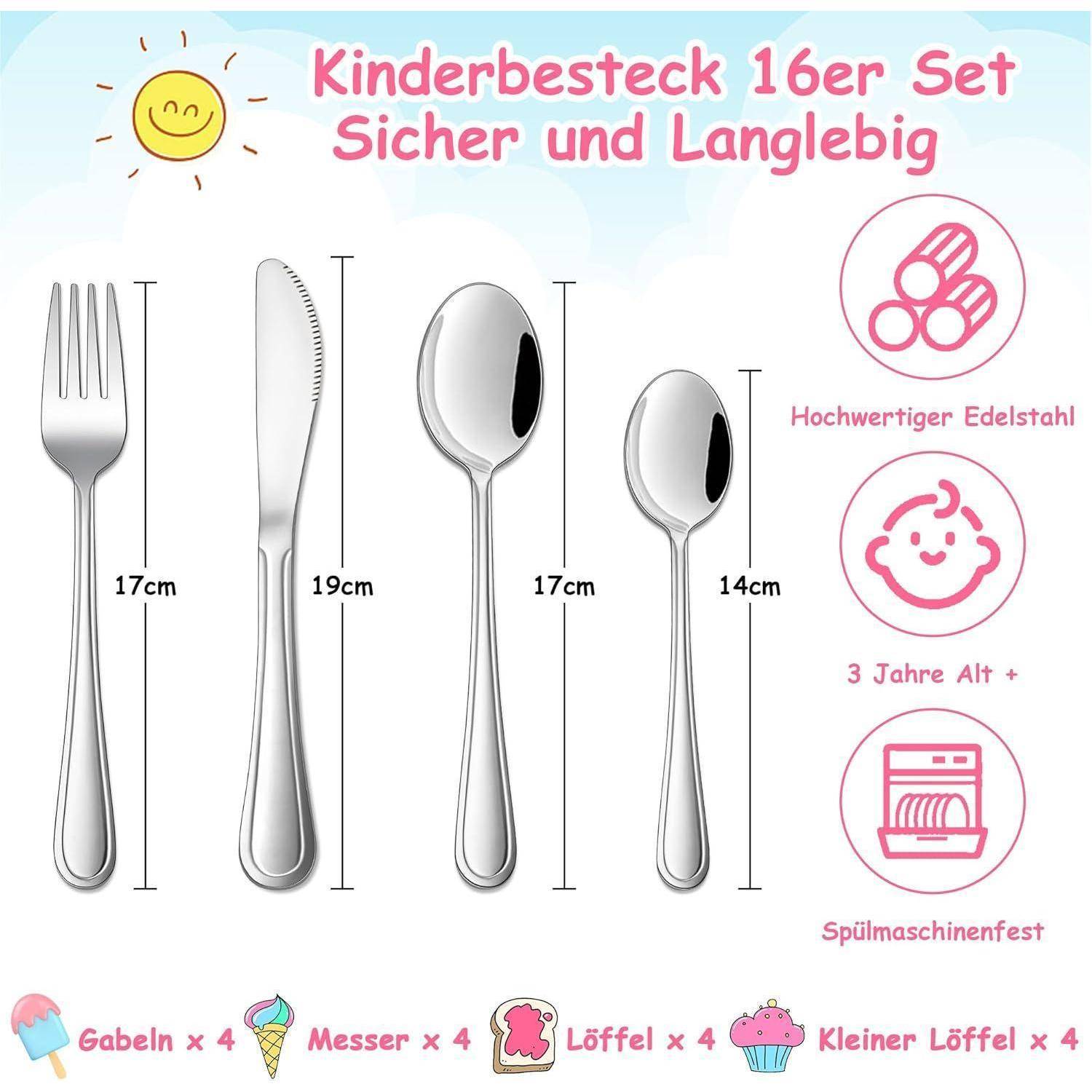 Kinderbesteck 16er Set: Sicher und Langlebig. Vier Metallbestecke: Gabel, Messer, Löffel und kleiner Löffel mit Abmessungen. Symbole zeigen Edelstahl, kindersicher ab 3 Jahren, spülmaschinenfest. Enthält 4 Gabeln, 4 Messer, 4 Löffel und 4 kleine Löffel.
