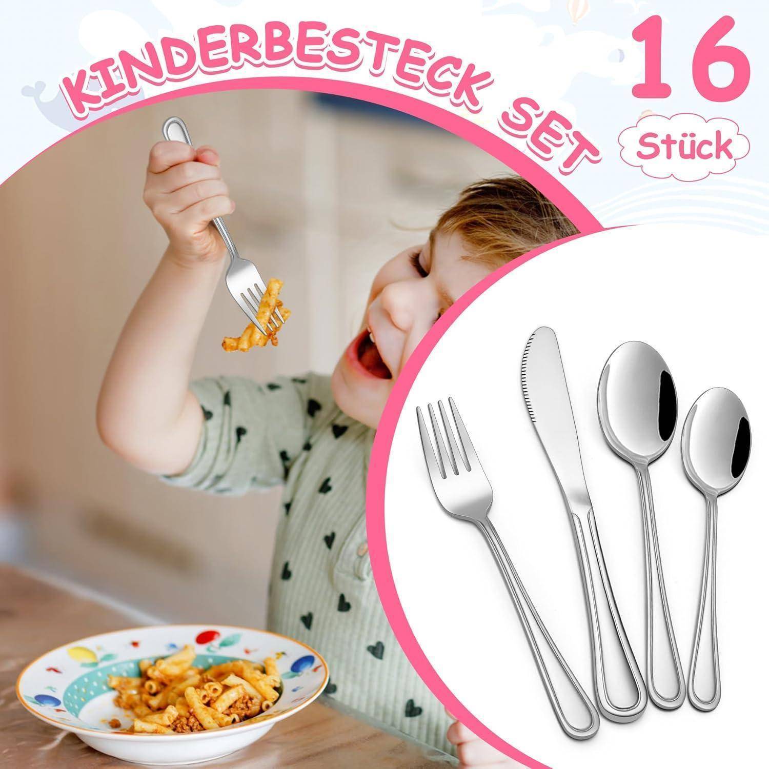 Kind, das mit einer Gabel Pasta isst, mit einem 16-teiligen Kinderbesteck-Set, das Gabel, Messer und Löffel umfasst.