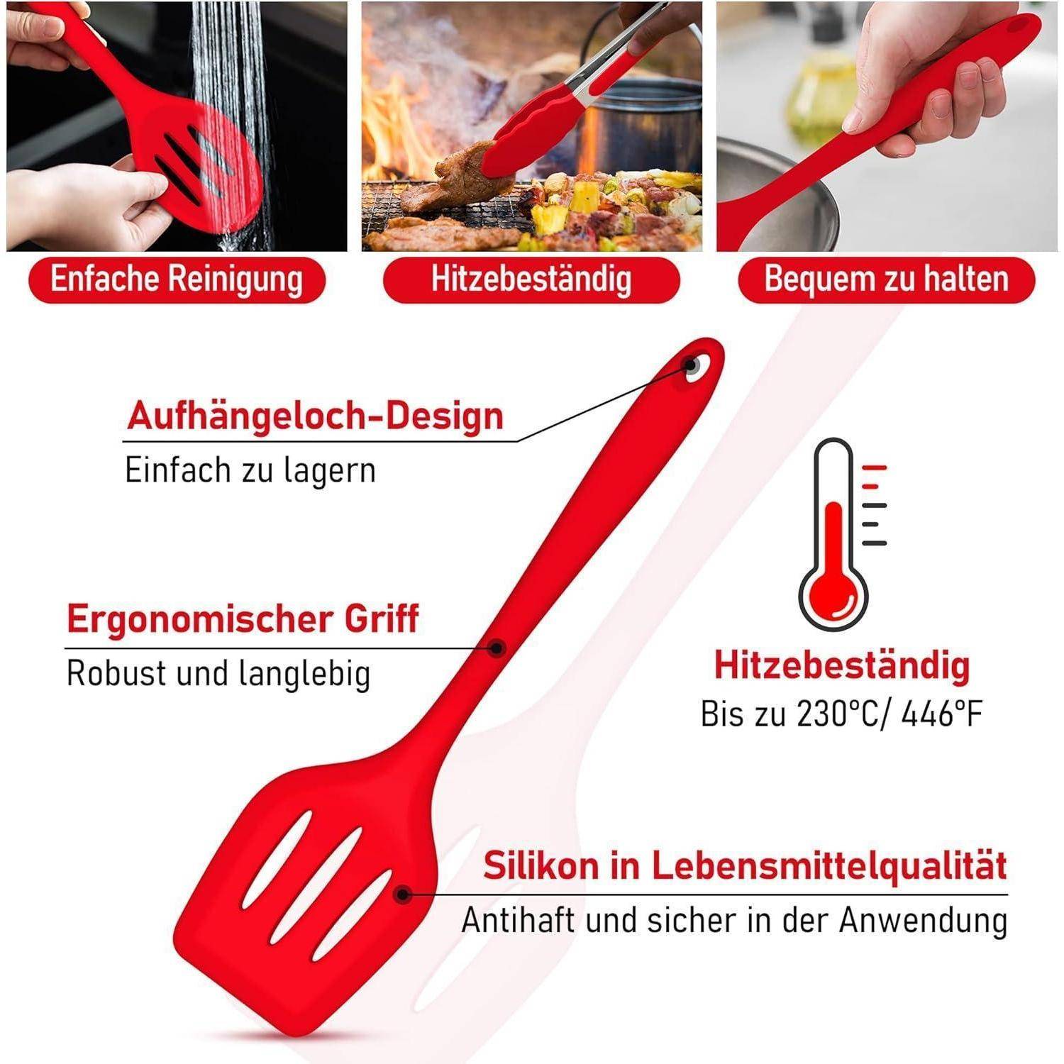 Ein rotes Silikonspatel mit ergonomischem Griff, hitzebeständig bis zu 230°C, beschrieben als leicht zu reinigen, langlebig und sicher zum Kochen.