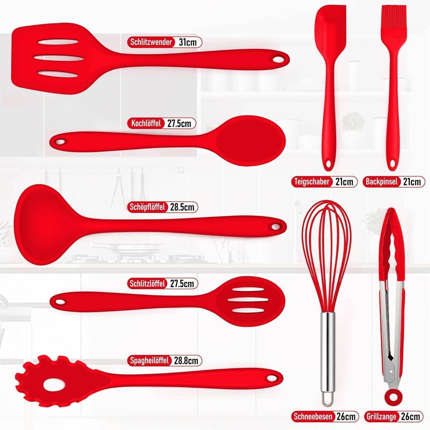 Rote Küchenutensilien umfassen einen Pfannenwender (31 cm), einen Löffel (27,5 cm), eine Schöpfkelle (28,5 cm), einen Schaumlöffel (27,5 cm), einen Nudelwender (28,8 cm), einen Schaber (21 cm), eine Bürste (21 cm), einen Schneebesen (26 cm) und eine Zange (26 cm).