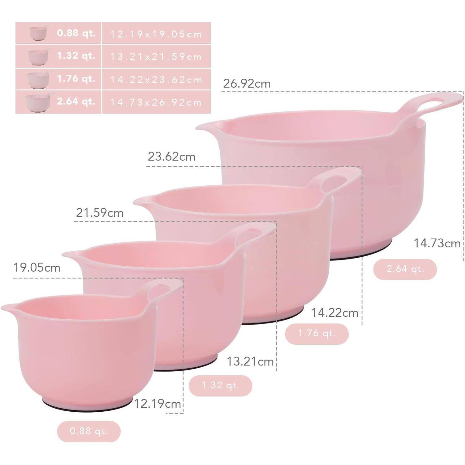 Set von rosa Rührschüsseln in vier Größen, jede mit Ausguss und Griffen. Größen vom kleinsten zum größten: 0,88 l, 1,32 l, 1,76 l, 2,64 l.