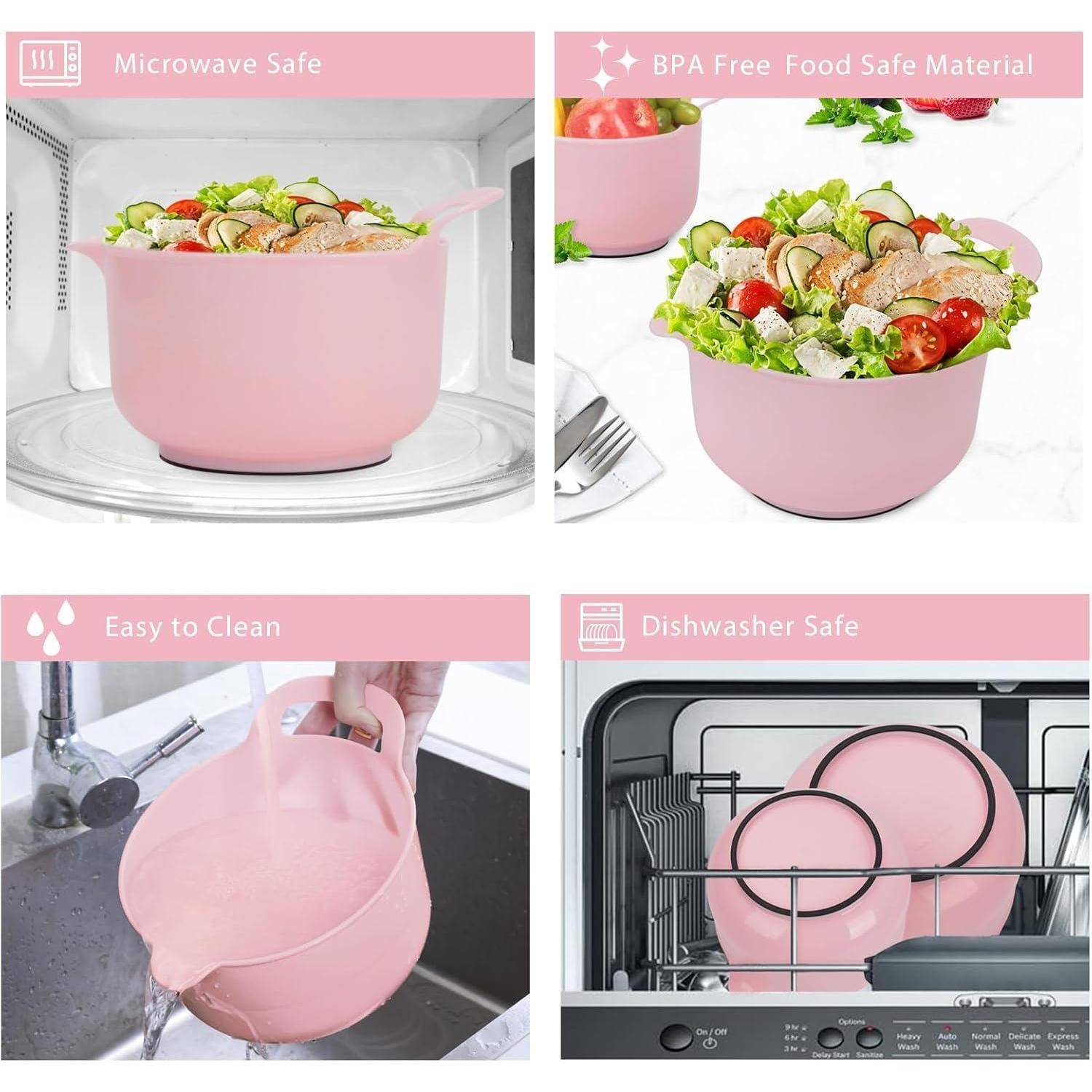 Collage aus vier Bildern, die eine rosa Schüssel zeigen: 1) In einer Mikrowelle; 2) Mit Salat; 3) Wird gewaschen; 4) In einer Spülmaschine. Text hebt Merkmale hervor: 'Mikrowellengeeignet', 'Lebensmittelsicher ohne BPA', 'Einfach zu reinigen', 'Spülmaschinenfest
