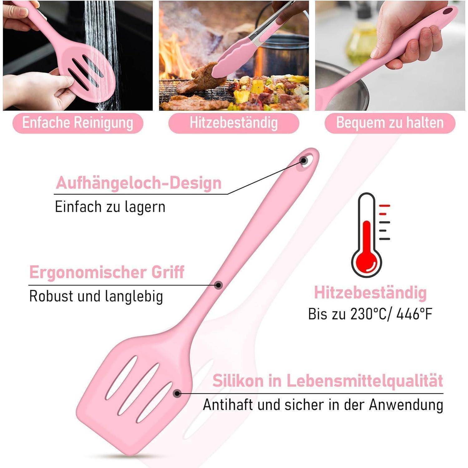 Eine Illustration eines pinken Spatels mit Texthervorhebungen: „hitzebeständig