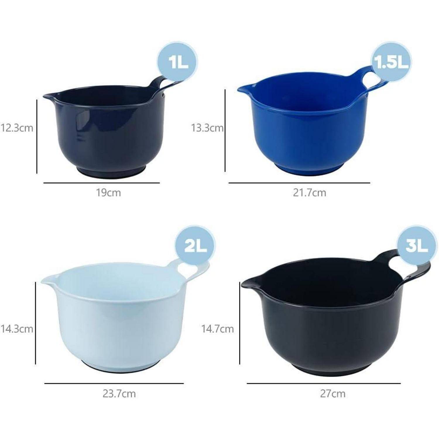 Vier Rührschüsseln in verschiedenen Größen und Farben mit Griffen. Volumen: 1L (schwarz), 1,5L (blau), 2L (hellblau), 3L (dunkelgrau).