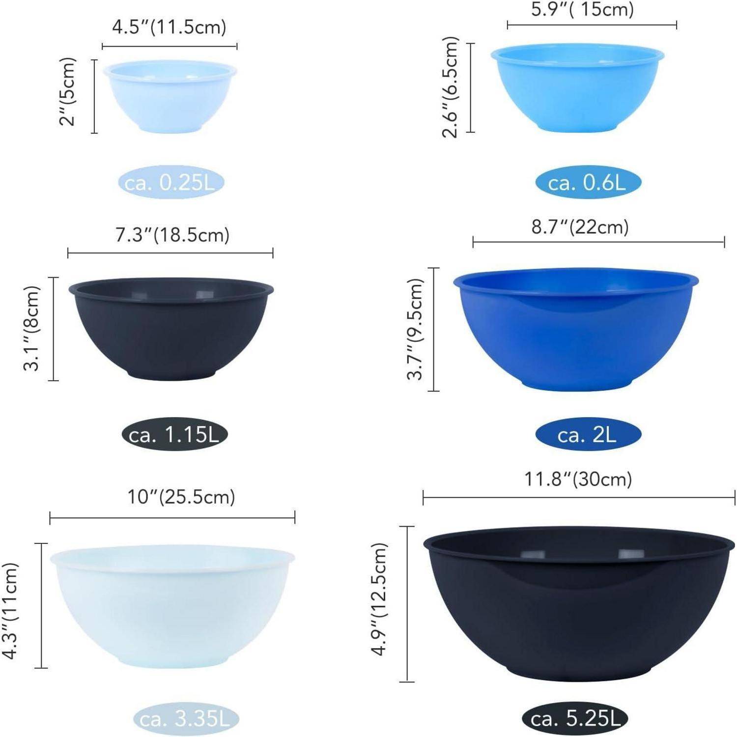 Eine Reihe von Schüsseln in verschiedenen Größen und Farben wird gezeigt, mit beschrifteten Kapazitäten: 0,25 L, 0,6 L, 1,15 L, 2 L, 3,35 L und 5,25 L.
