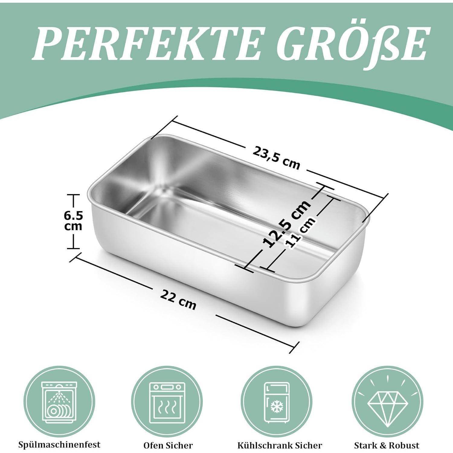 Das Bild 'Perfekte Größe' zeigt einen rechteckigen Metallbehälter mit Abmessungen und Merkmalen: spülmaschinenfest, backofenfest, kühlschranktauglich, stark und robust.