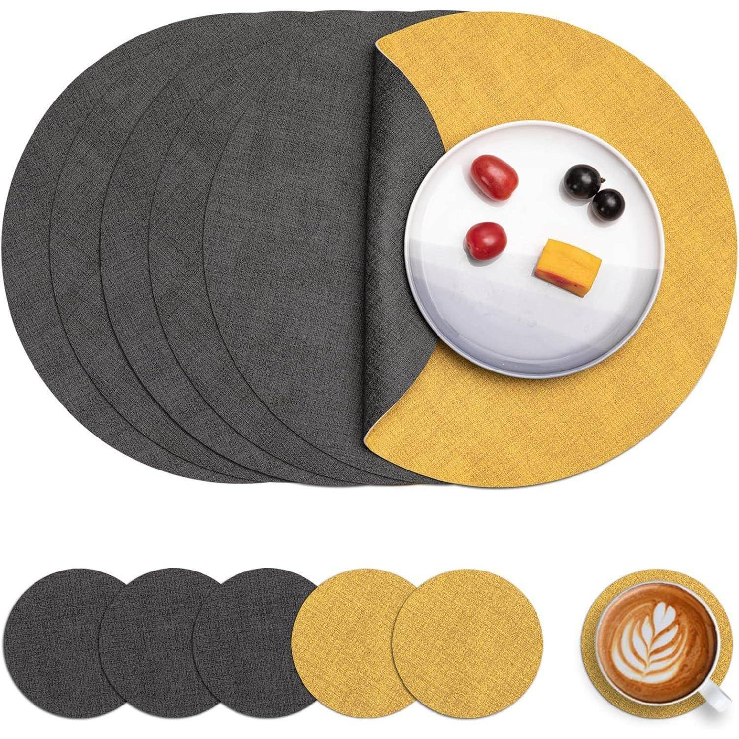 Tischsets abwaschbar Kunstleder 36cm rutschfest 6er Grau Gelb 6er Set