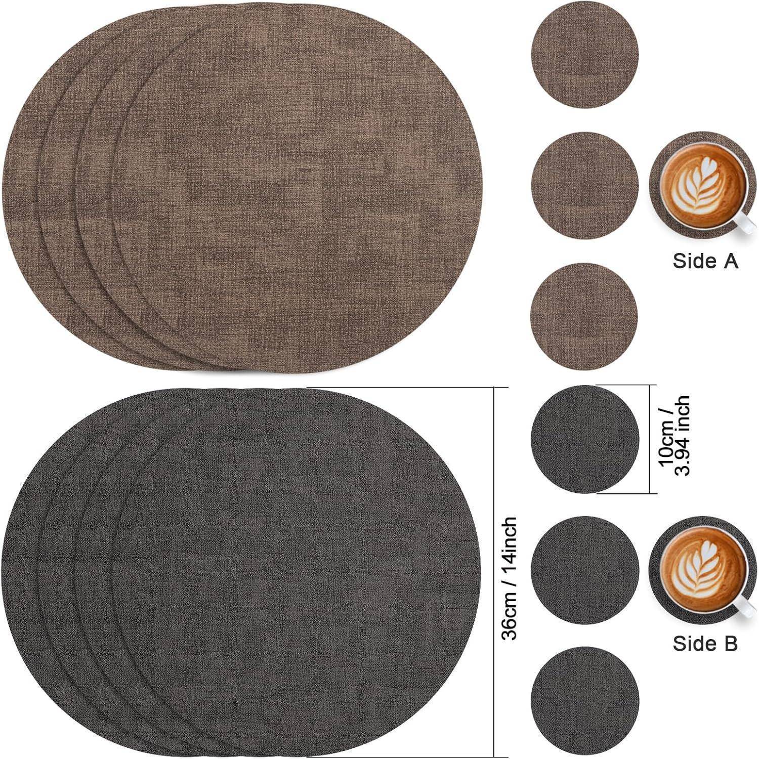 Runde Platzsets in zwei Farben, Braun und Dunkelgrau. Jedes Set enthält vier Platzmatten, die 36 cm messen. Kaffeetassen zeigen Seite A und B.