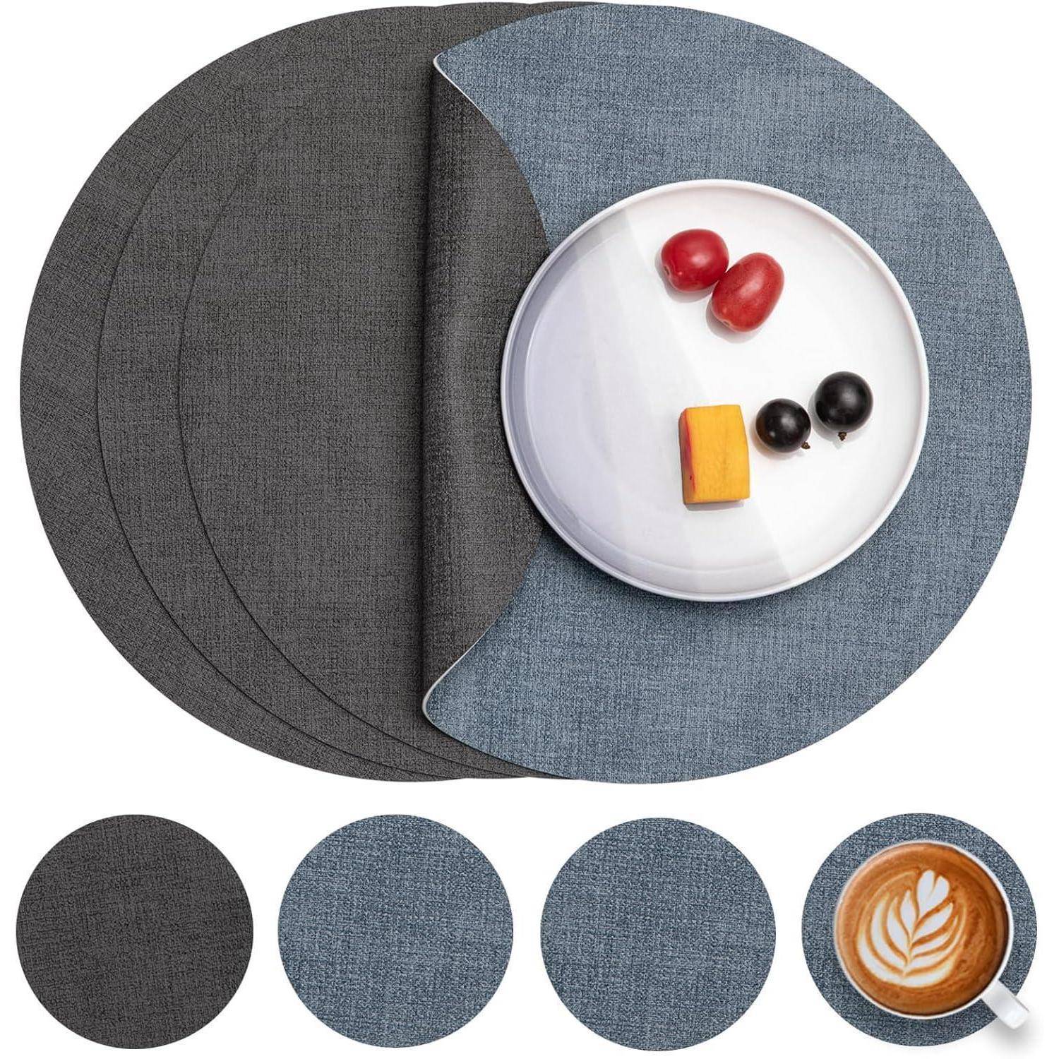 Tischsets Abwaschbar Kunstleder Rund 36cm Grau Hellblau 4er Set