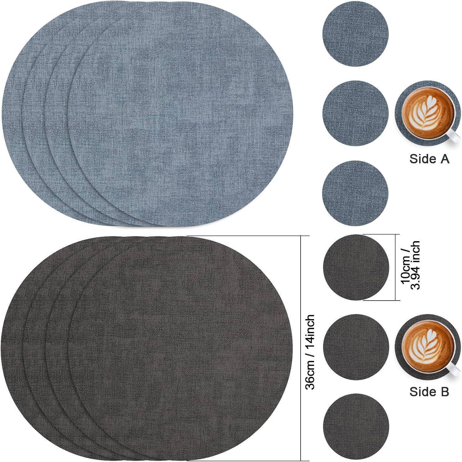 Tischsets Abwaschbar Leder Kunstleder Rund 36cm Grau Hellblau 6er Set