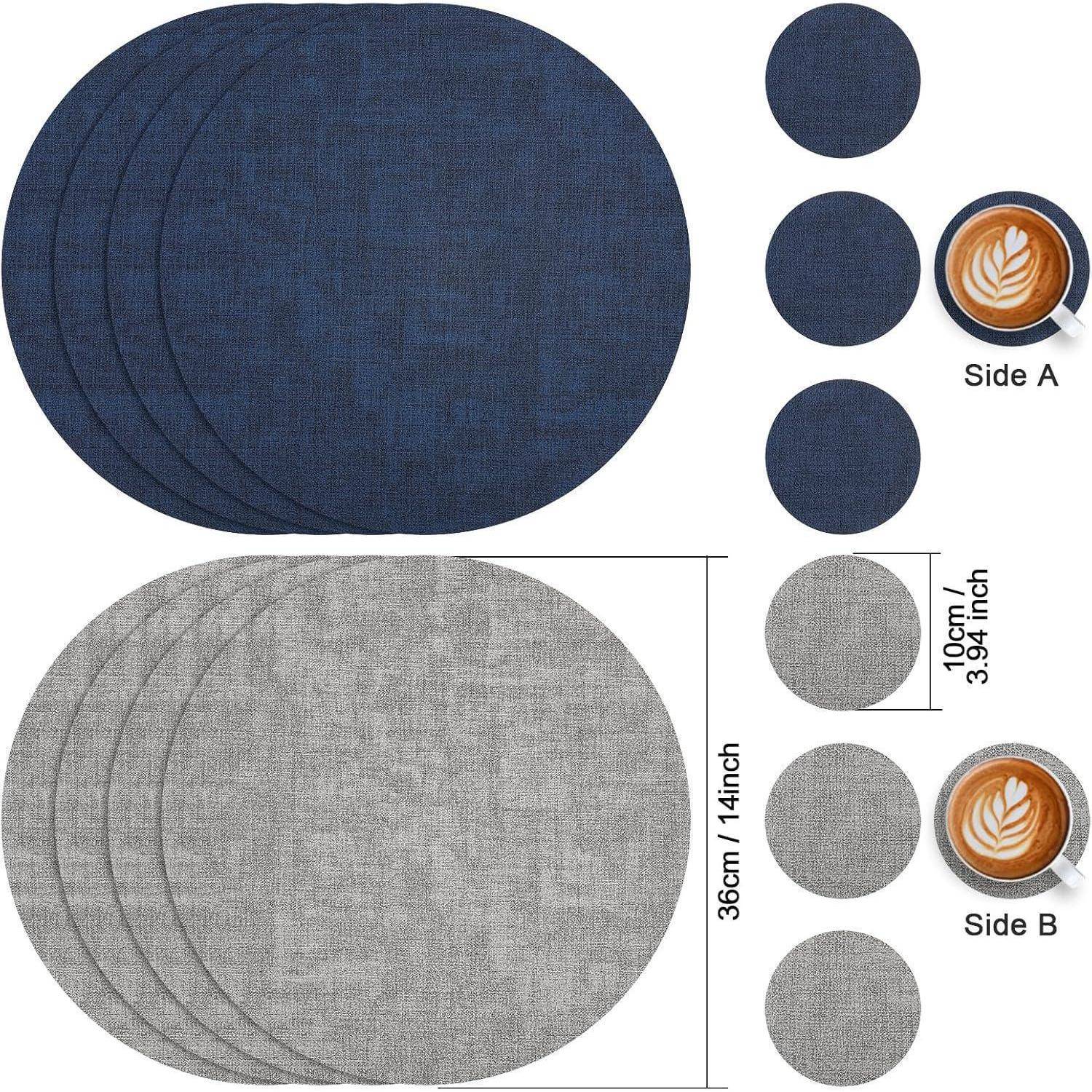 Runde Platzsets und Untersetzer mit beidseitigen Designs in Marineblau (Seite A) und Hellgrau (Seite B). Maße: 38 cm Platzsets, 10 cm Untersetzer.