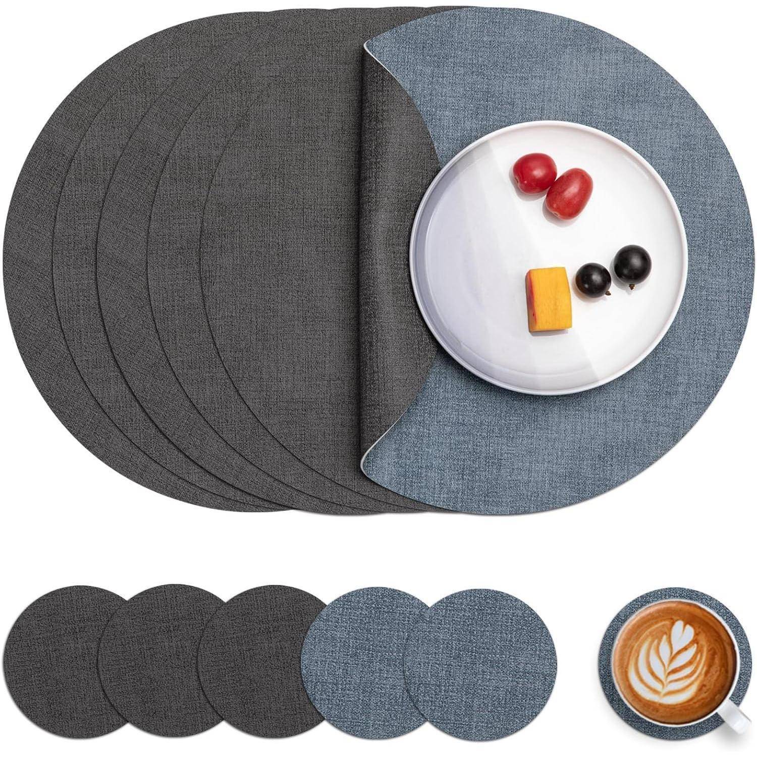Tischsets Abwaschbar Leder Kunstleder Rund 36cm Grau Hellblau 6er Set