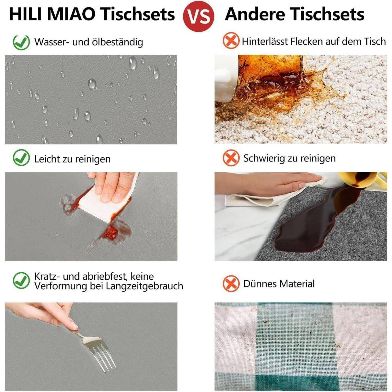 HILI MIAO Tischsets mit Vorteilen wie Wasserbeständigkeit und einfacher Reinigung im Vergleich zu ‚Anderen Tischsets', die Nachteile wie Fleckenbildung zeigen.