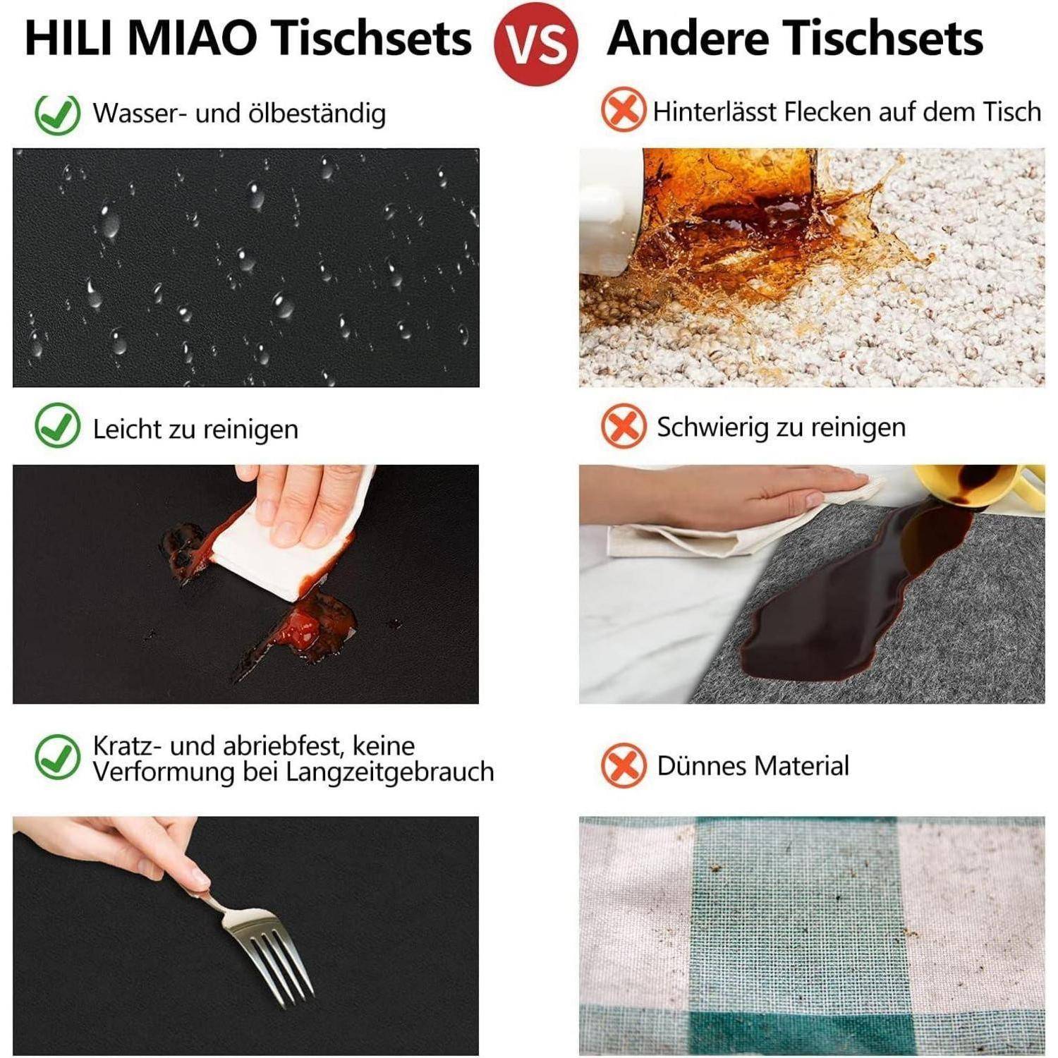 Vergleich von HILI MIAO Platzsets mit anderen Platzsets: HILI MIAO ist wasser- und ölabweisend, leicht zu reinigen, kratzfest. Andere verfärben sich, sind schwer zu reinigen und haben dünnes Material.
