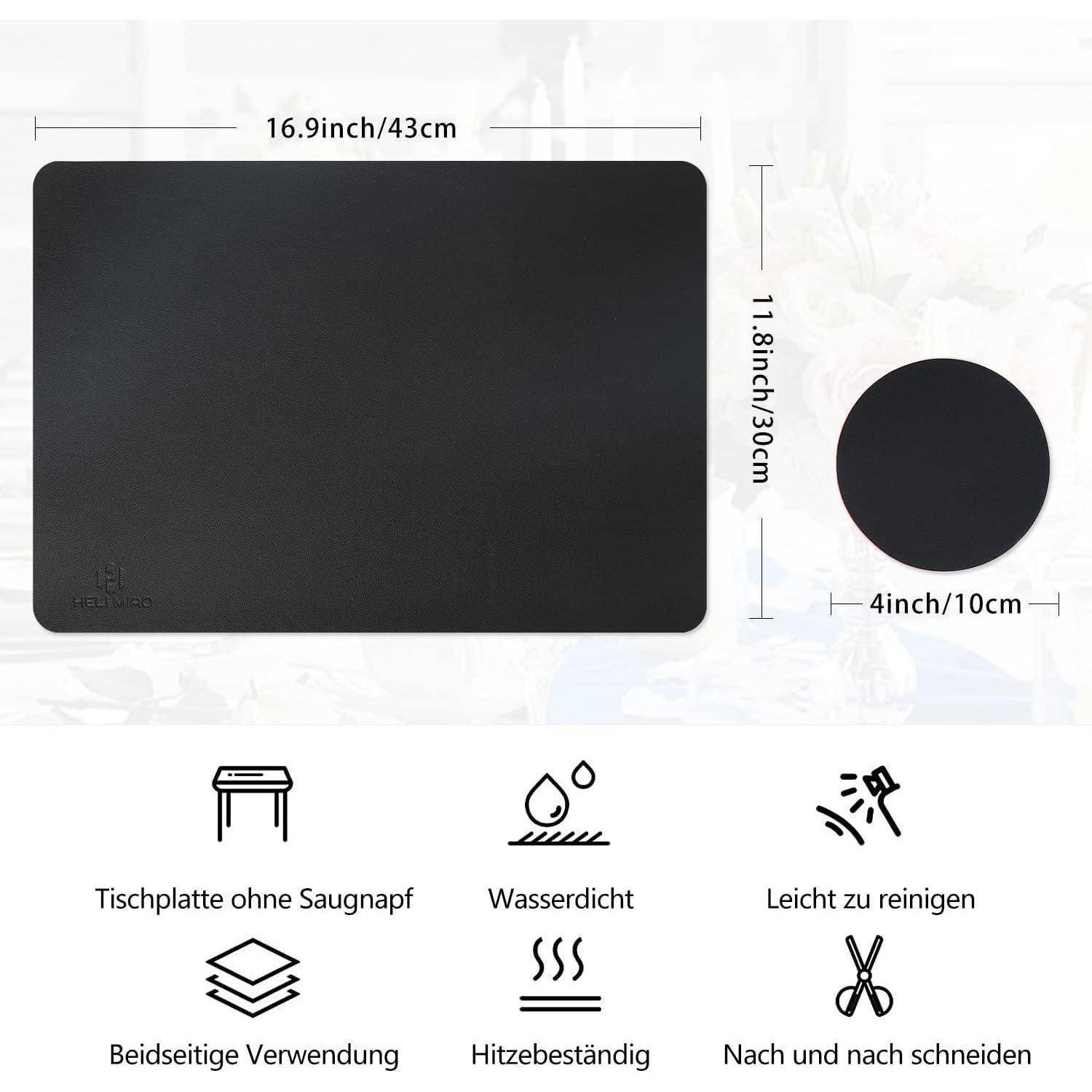 Schwarze rechteckige Platzdecke, 16,9 x 11,8 Zoll, hitzebeständig, wasserdicht und leicht zu reinigen. Runde Version ebenfalls gezeigt, 4 Zoll im Durchmesser.